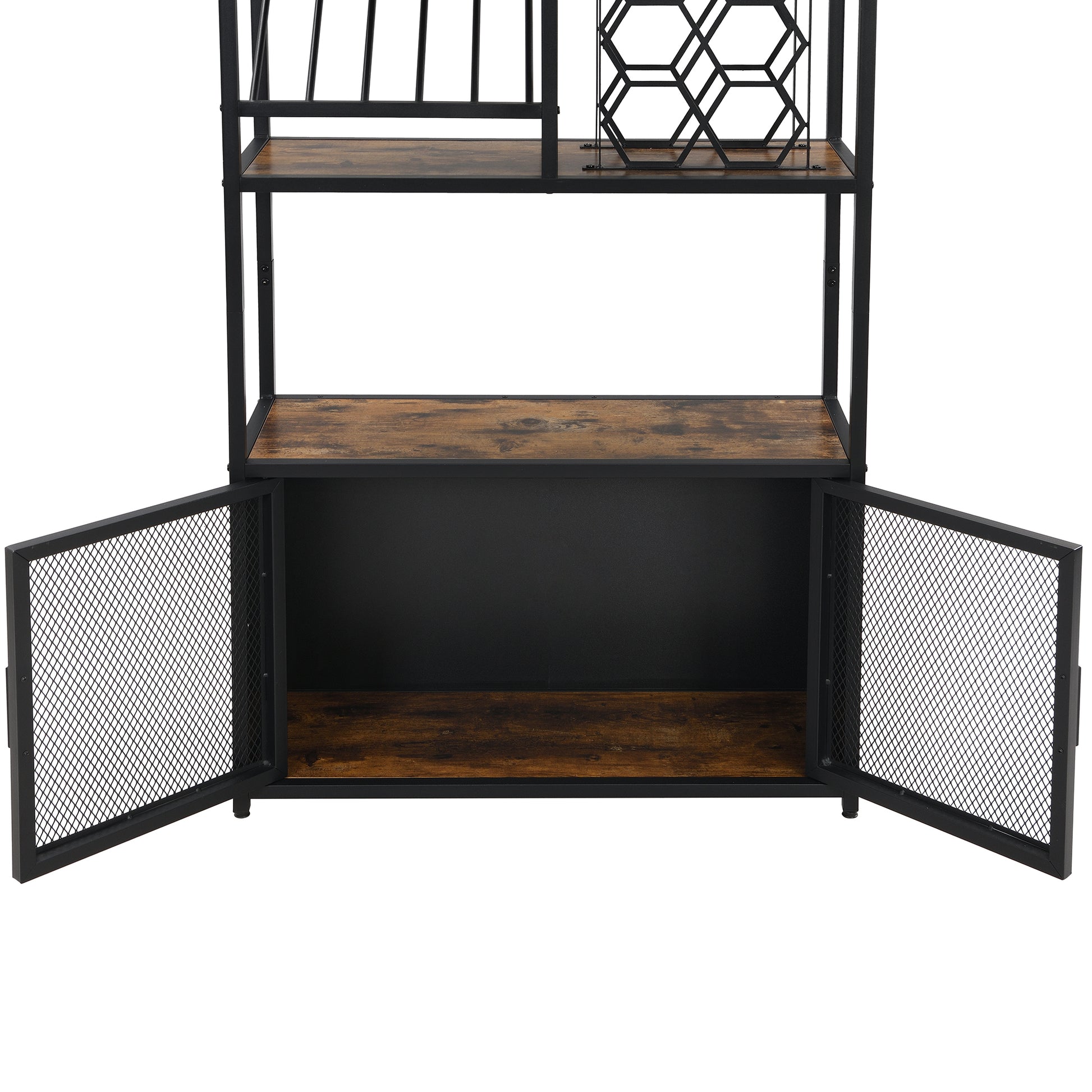 82.7" Industrial Standing Wine Rack With Glass Rack Tall Freestanding Floor Bar Cabinet Walnut Black Dining Room Industrial Mdf Metal