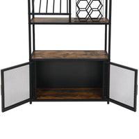 82.7" Industrial Standing Wine Rack With Glass Rack Tall Freestanding Floor Bar Cabinet Walnut Black Dining Room Industrial Mdf Metal