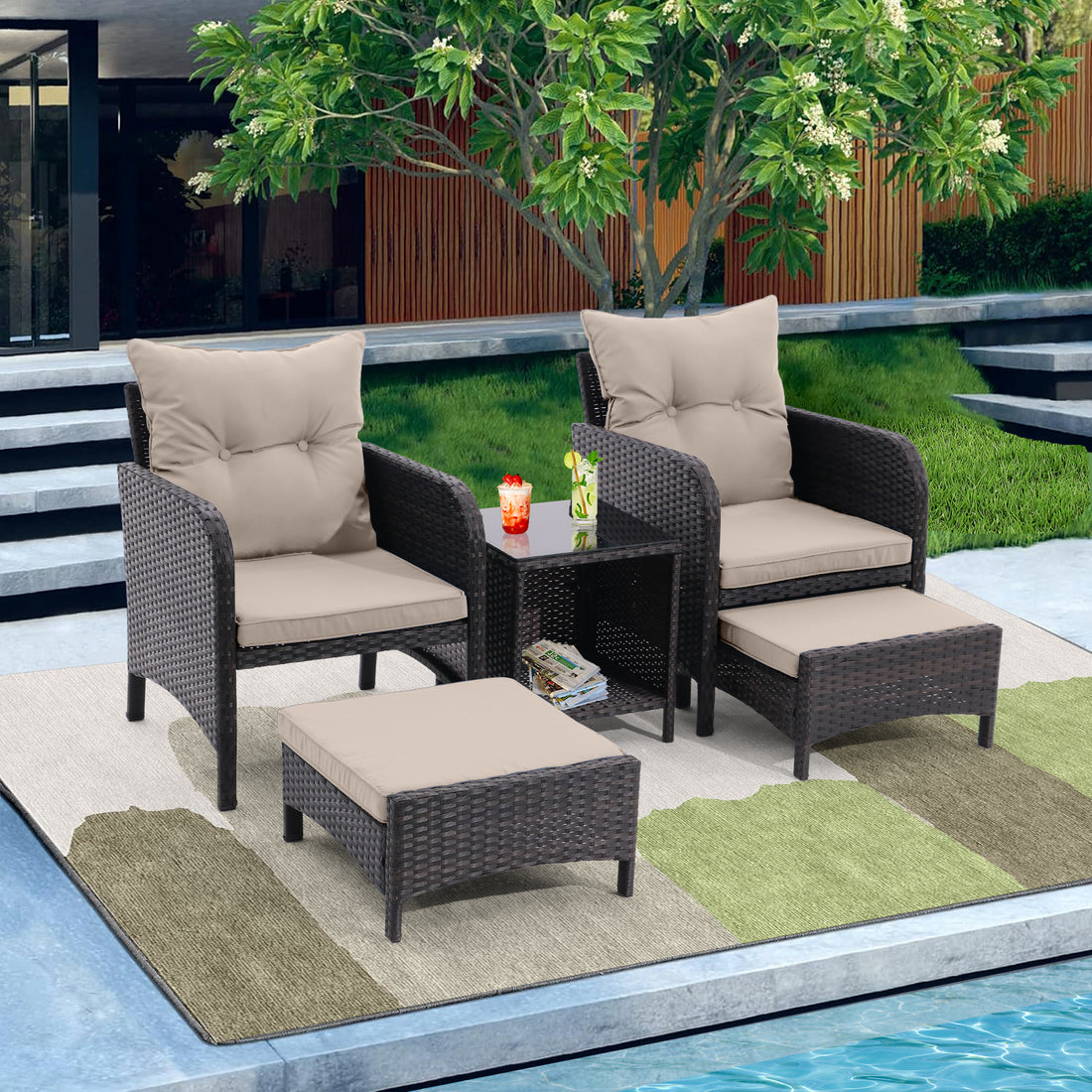 5 Piece Outdoor Patio Furniture Set,All Weather Pe Rattan Conversation Chairs With Armrest And Removable Cushions,Ottomans And Storage Coffee Table For Poolside Garden Balcony Deck Dust Grey Yes Grey Pe Rattan Iron Waterproof Fabric