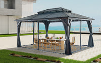 12' X 16' Hardtop Wood Gazebo For Patios, Outdoor Framed Gazebo With Polycarbonate Double Roof Canopy, Solid Wooden Framed Gazebo With Privacy Curtains And Mosquito Nettings For Garden, Backyard Black Aluminium