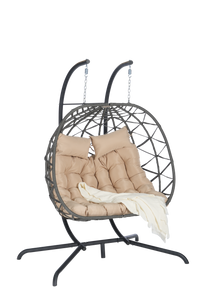 2 Person Outdoor Rattan Hanging Chair Patio Wicker Egg Chair Yes Complete Patio Set Dark Gray Uv Resistant Frame Water Resistant Cushion Garden & Outdoor American Design,American Traditional 2 Person Seating Group Polypropylene Rattan