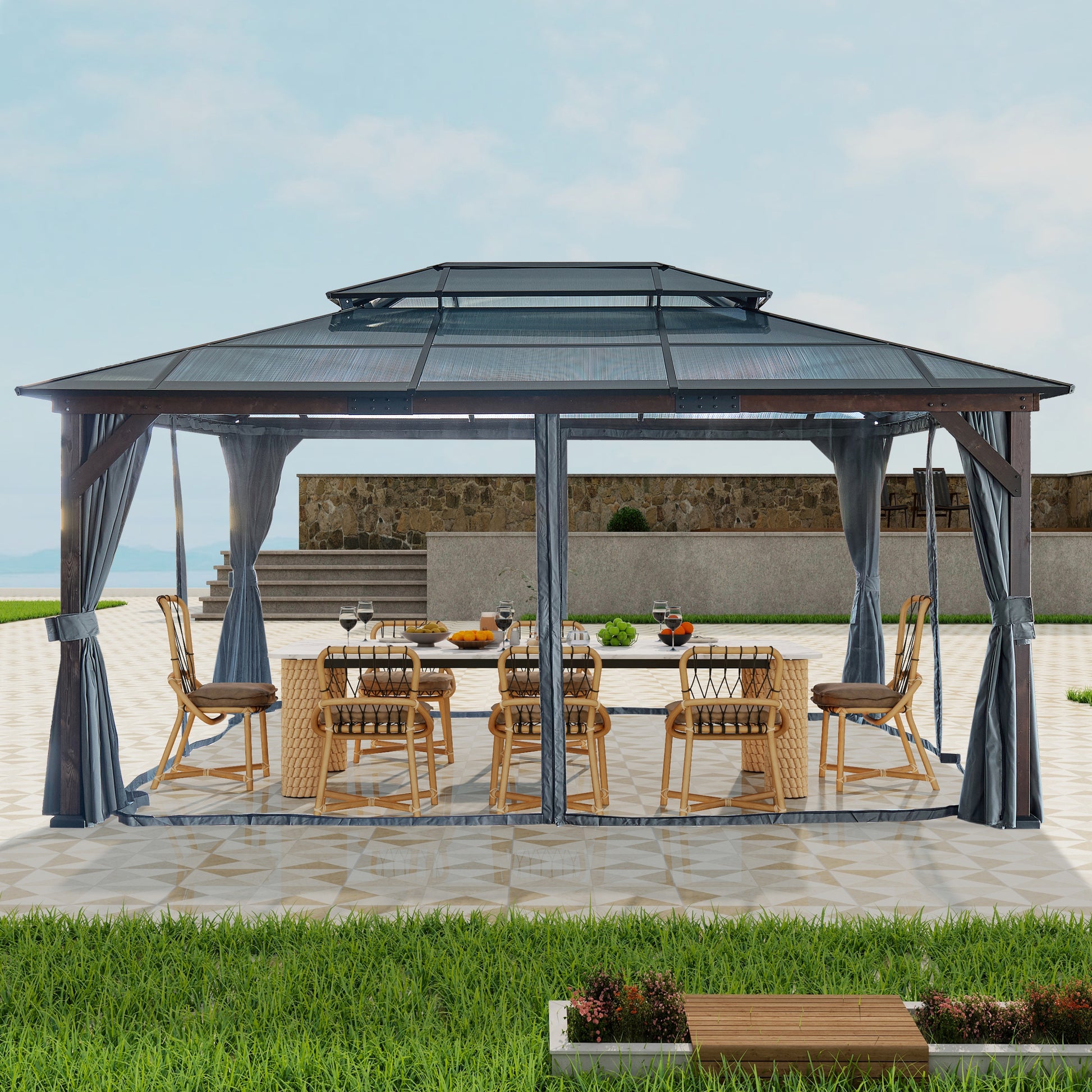 12' X 16' Hardtop Wood Gazebo For Patios, Outdoor Framed Gazebo With Polycarbonate Double Roof Canopy, Solid Wooden Framed Gazebo With Privacy Curtains And Mosquito Nettings For Garden, Backyard Black Aluminium
