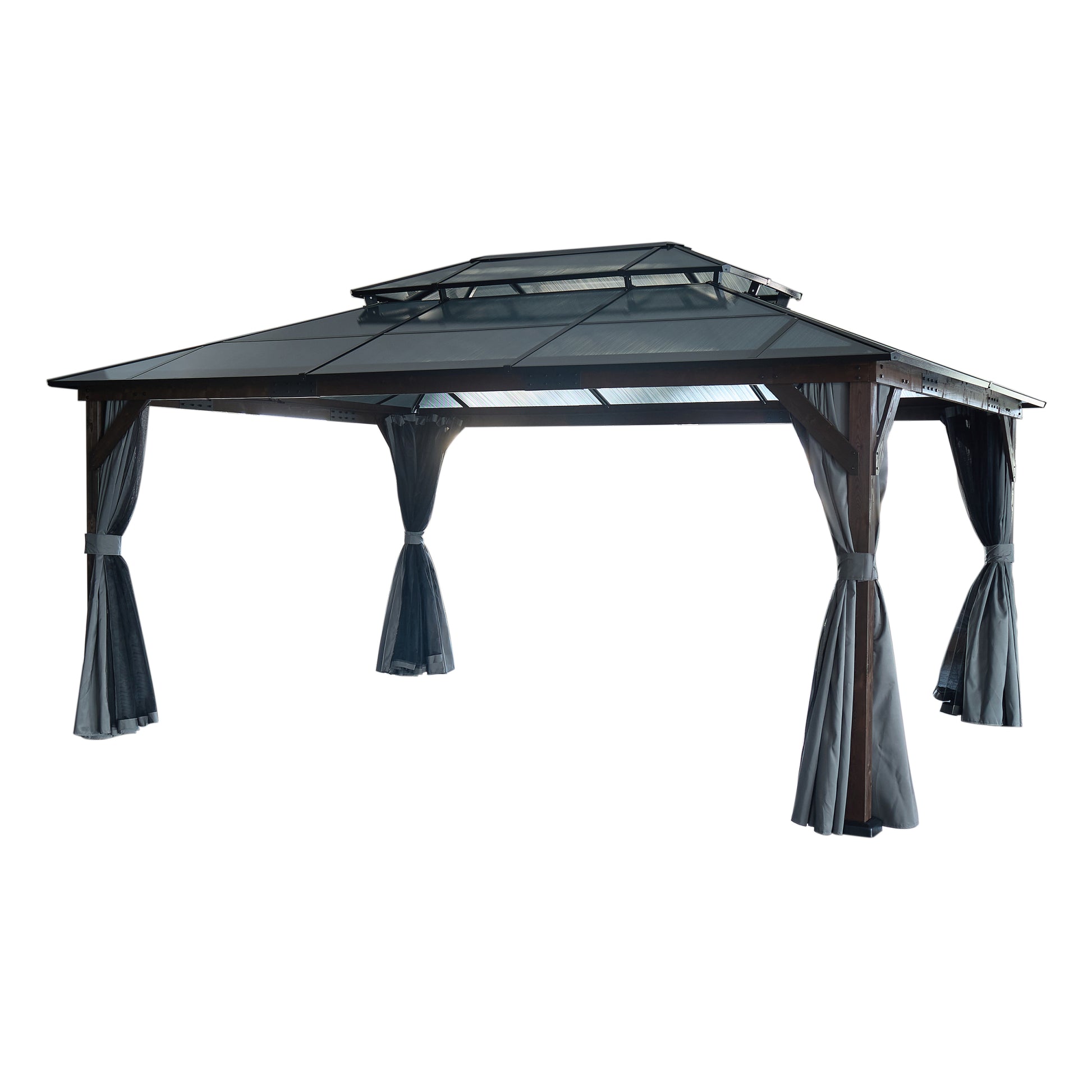 12' X 16' Hardtop Wood Gazebo For Patios, Outdoor Framed Gazebo With Polycarbonate Double Roof Canopy, Solid Wooden Framed Gazebo With Privacy Curtains And Mosquito Nettings For Garden, Backyard Black Aluminium
