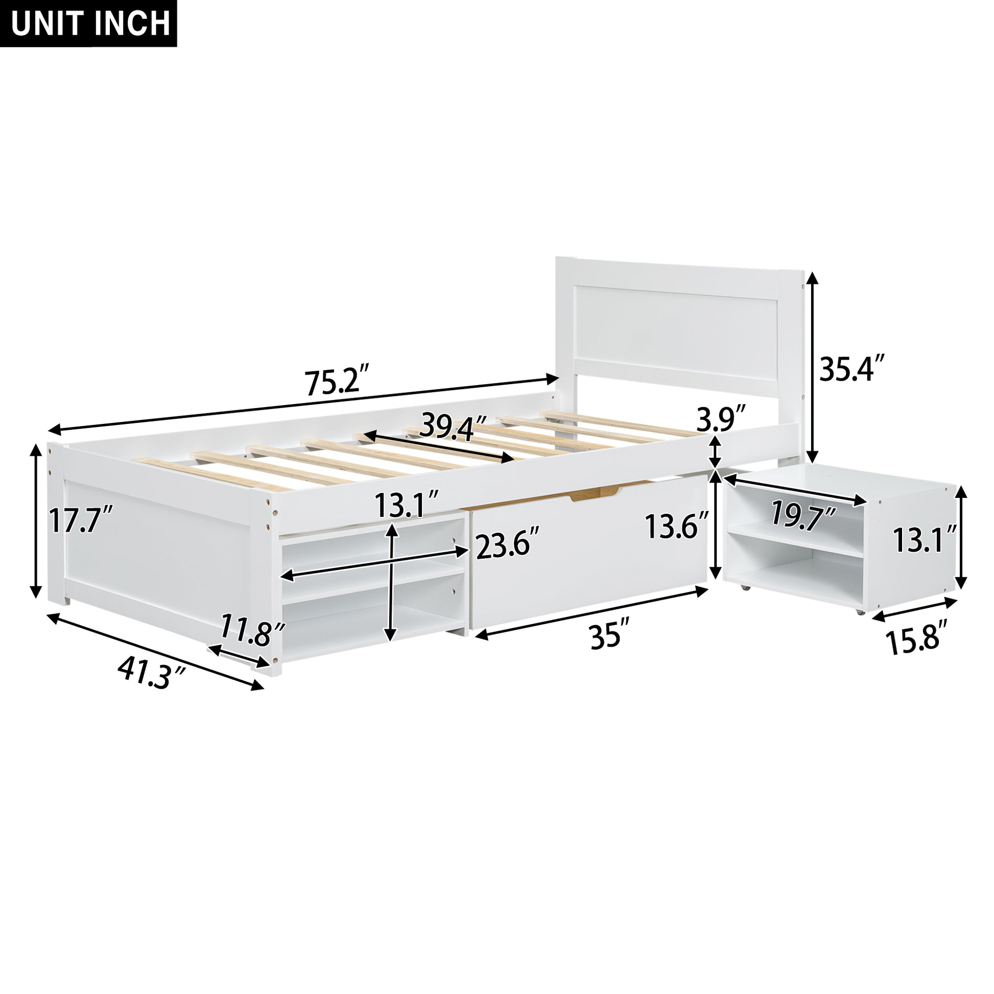 Twin Size Platform Bed With Drawer And Two Shelves, White Expected Arrival Time: 10.28 Twin Antique White Mdf Lvl