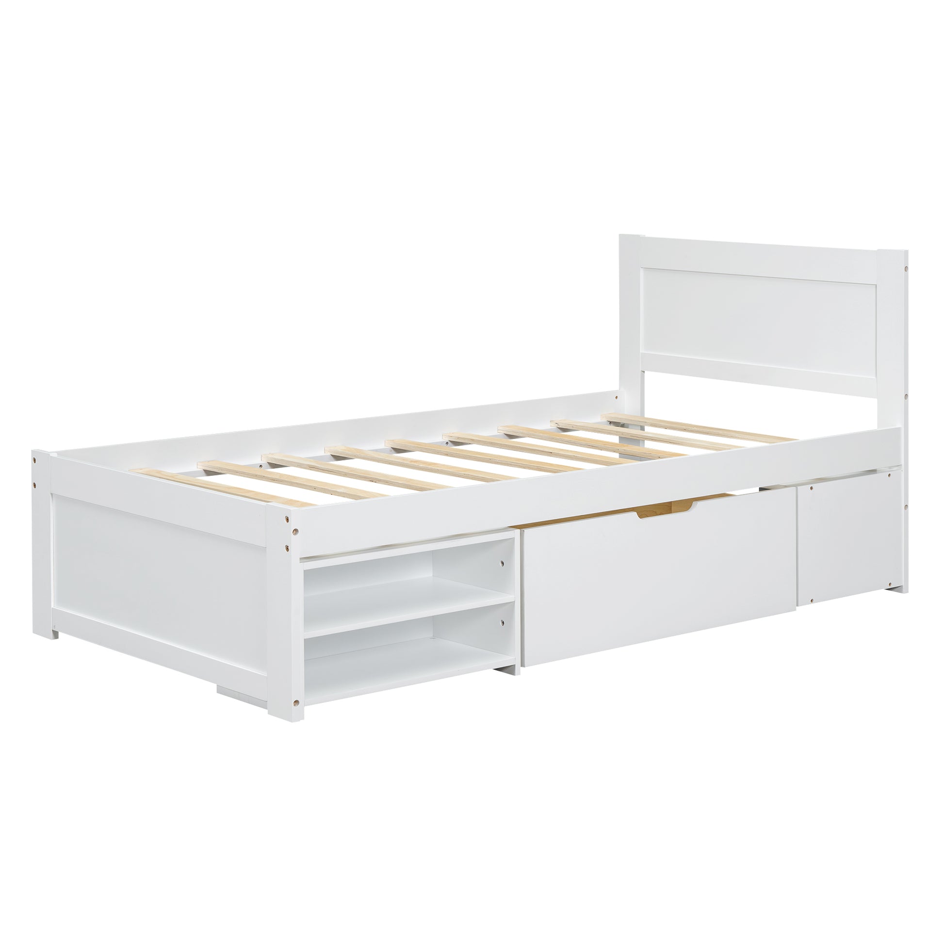 Twin Size Platform Bed With Drawer And Two Shelves, White Expected Arrival Time: 10.28 Twin Antique White Mdf Lvl