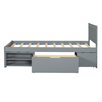 Twin Size Platform Bed With Drawer And Two Shelves, Gray Expected Arrival Time: 10.28 Twin Antique Gray Mdf Lvl