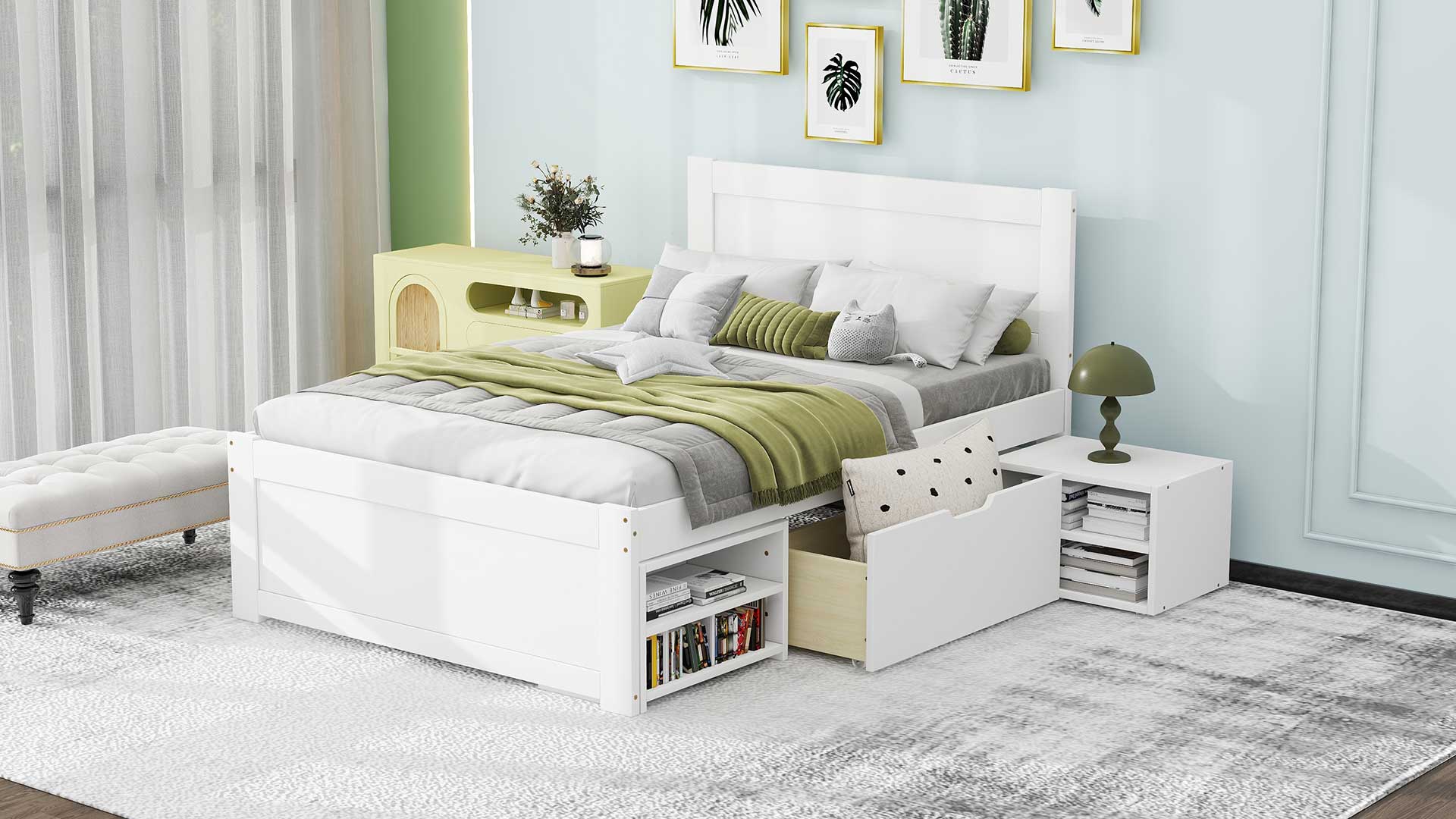 Twin Size Platform Bed With Drawer And Two Shelves, White Expected Arrival Time: 10.28 Twin Antique White Mdf Lvl