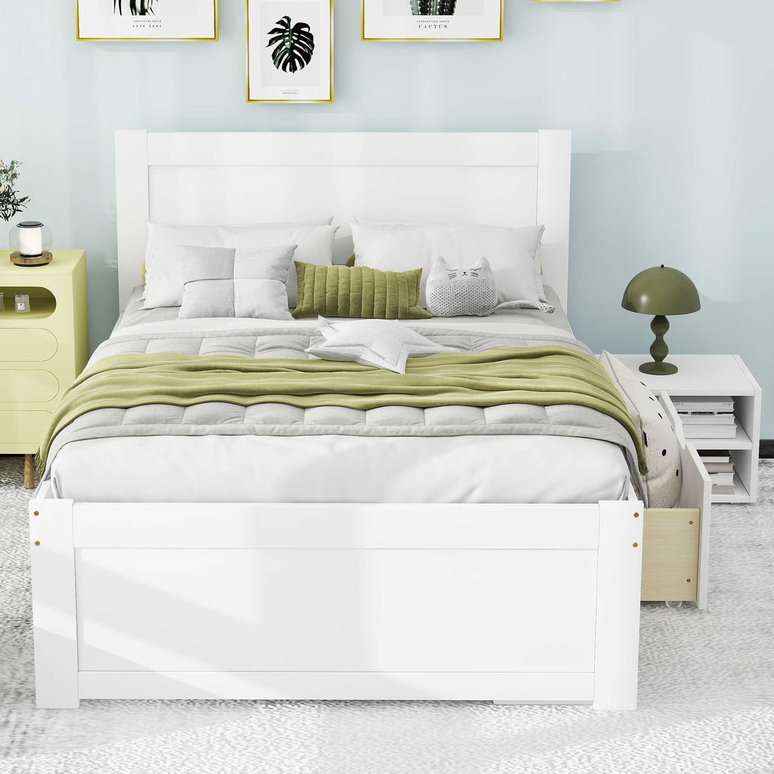 Twin Size Platform Bed With Drawer And Two Shelves, White Expected Arrival Time: 10.28 Twin Antique White Mdf Lvl