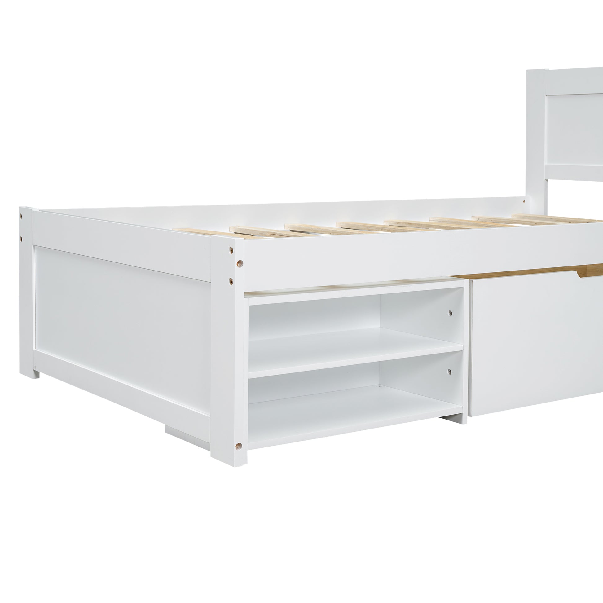 Twin Size Platform Bed With Drawer And Two Shelves, White Expected Arrival Time: 10.28 Twin Antique White Mdf Lvl