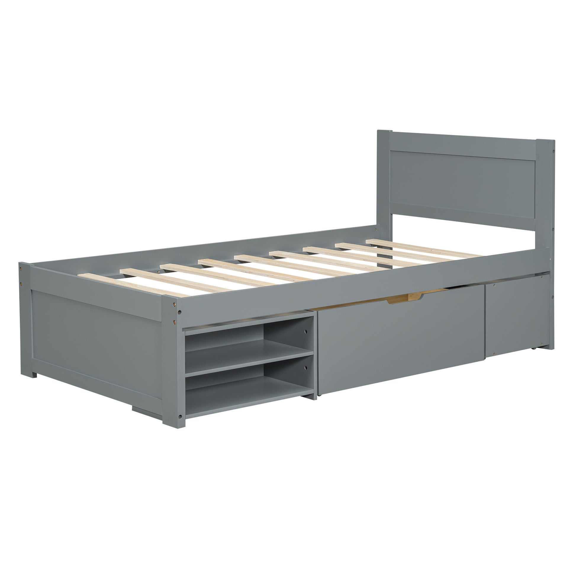 Twin Size Platform Bed With Drawer And Two Shelves, Gray Expected Arrival Time: 10.28 Twin Antique Gray Mdf Lvl