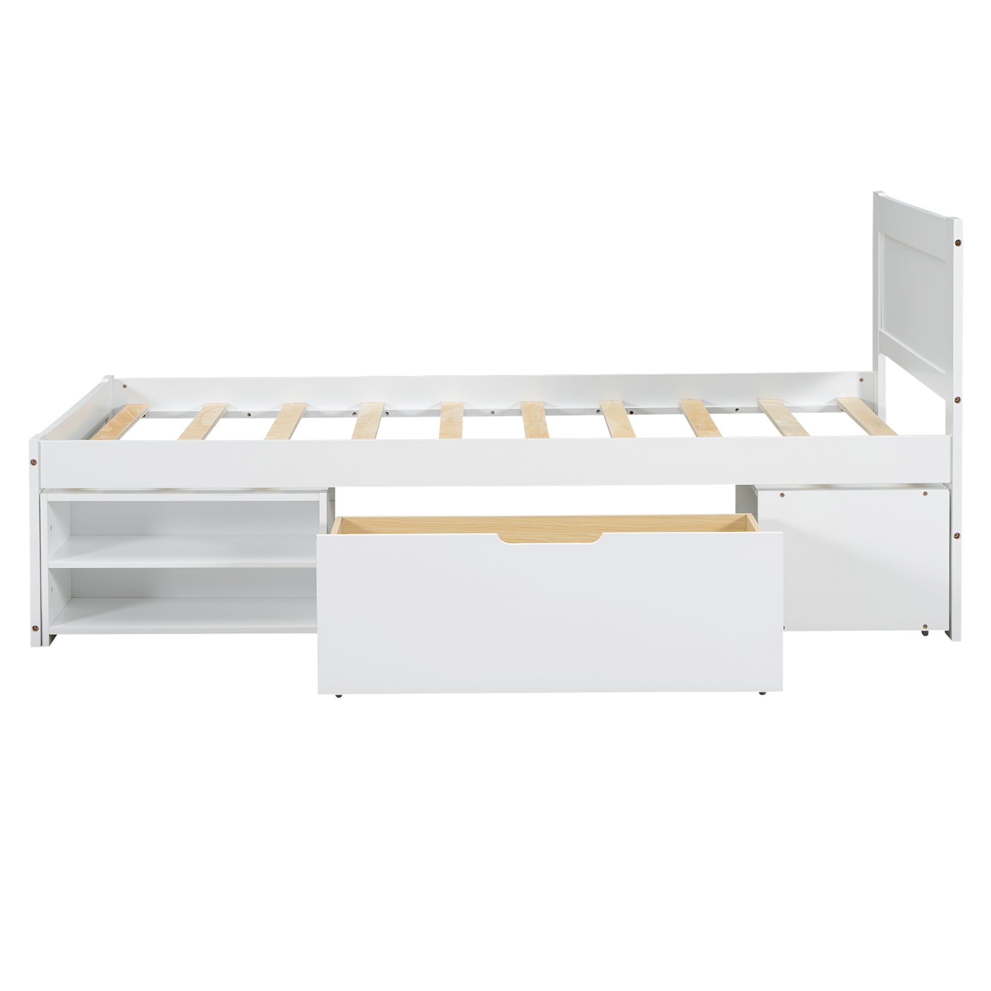 Twin Size Platform Bed With Drawer And Two Shelves, White Expected Arrival Time: 10.28 Twin Antique White Mdf Lvl