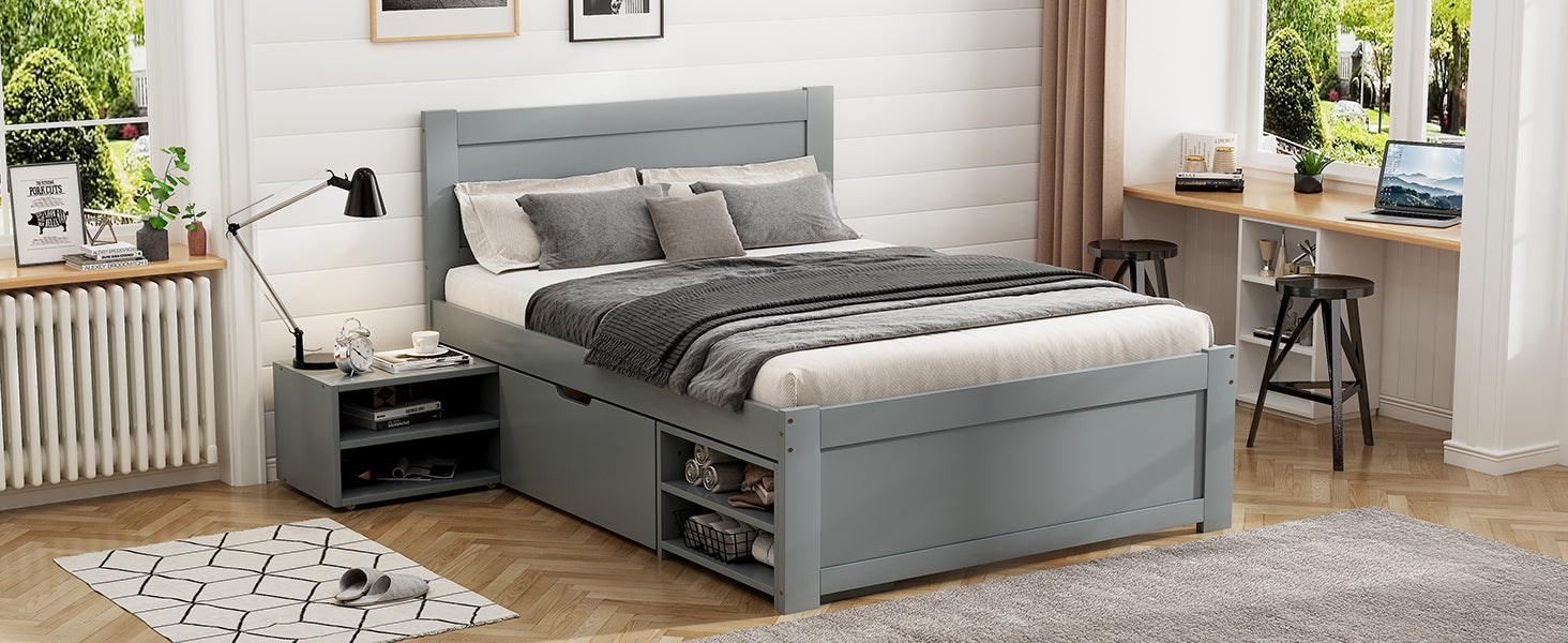 Twin Size Platform Bed With Drawer And Two Shelves, Gray Expected Arrival Time: 10.28 Twin Antique Gray Mdf Lvl