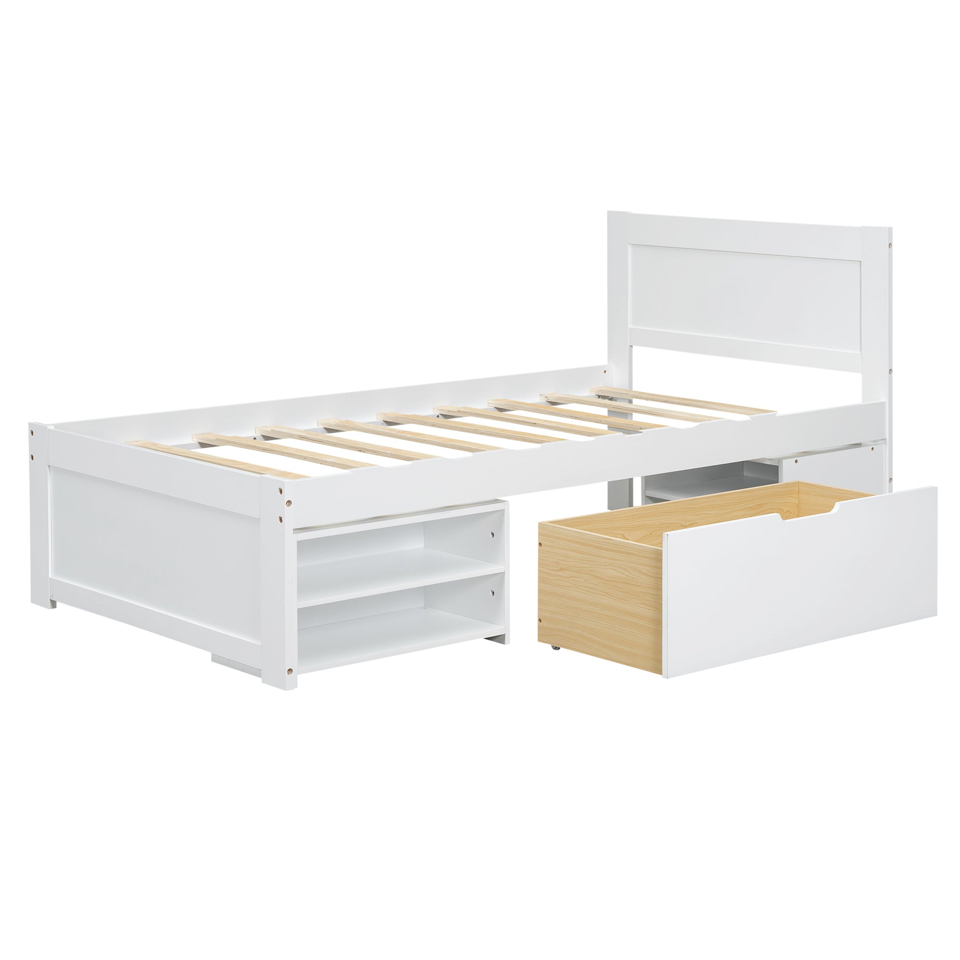 Twin Size Platform Bed With Drawer And Two Shelves, White Expected Arrival Time: 10.28 Twin Antique White Mdf Lvl