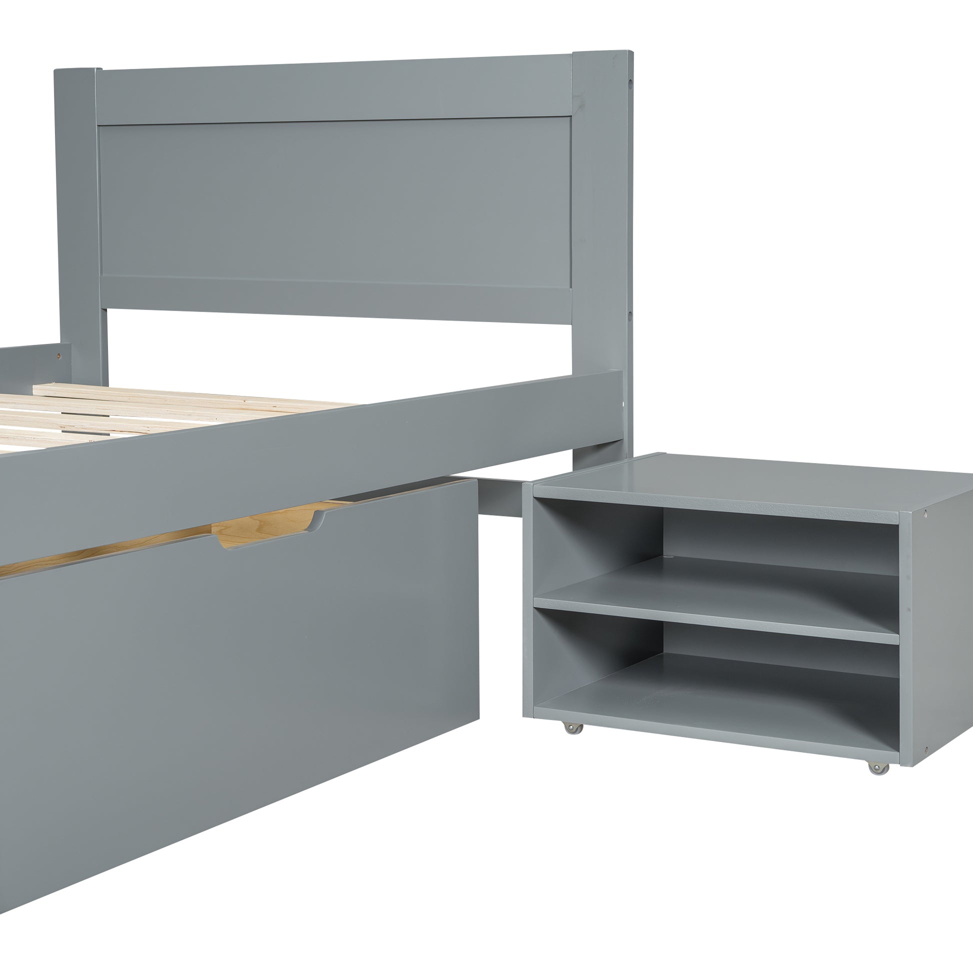 Twin Size Platform Bed With Drawer And Two Shelves, Gray Expected Arrival Time: 10.28 Twin Antique Gray Mdf Lvl