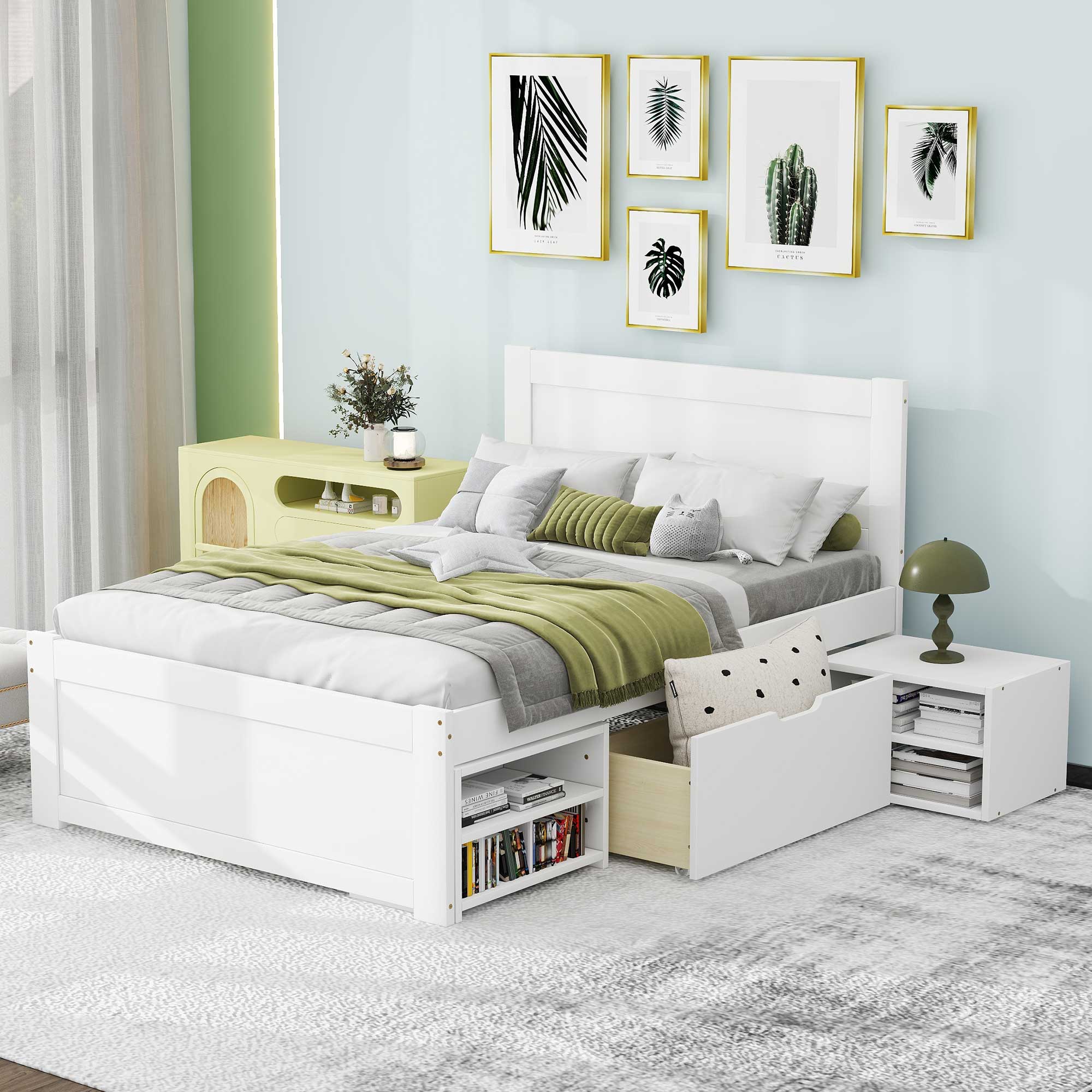 Twin Size Platform Bed With Drawer And Two Shelves, White Expected Arrival Time: 10.28 Twin Antique White Mdf Lvl