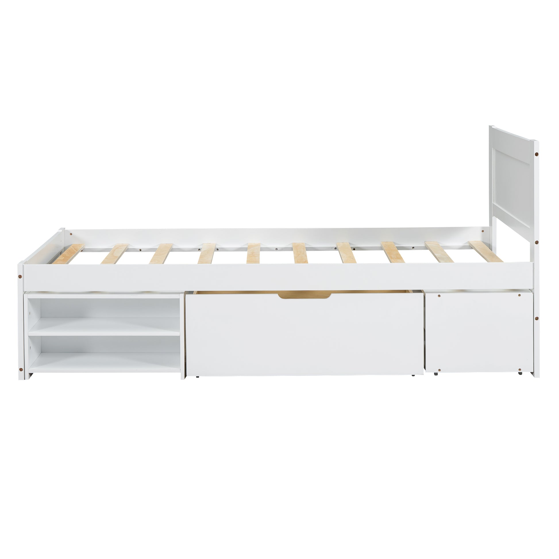 Twin Size Platform Bed With Drawer And Two Shelves, White Expected Arrival Time: 10.28 Twin Antique White Mdf Lvl