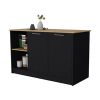 Black And Macadamia Double Door Cabinets Kitchen Island Black Natural Kitchen Rectangular Stationary Kitchen Islands Wood Large 56 In