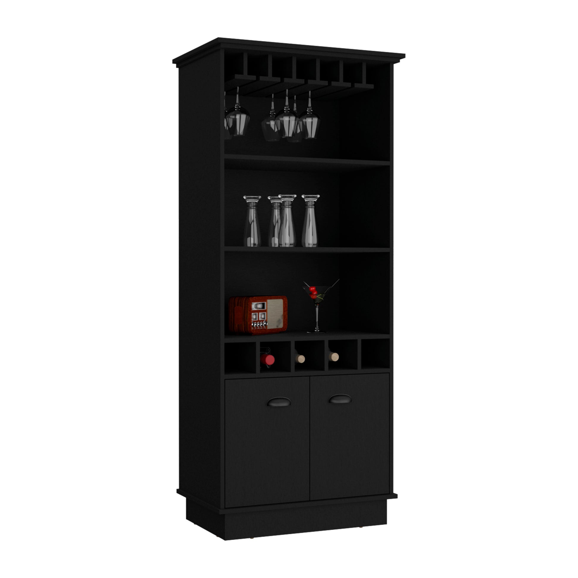 Bar Cabinet 70"H With Wine Rack, Upper Glass Cabinet, Three Open Storage Shelves And One Cabinet,Black Black Particle Board Particle Board