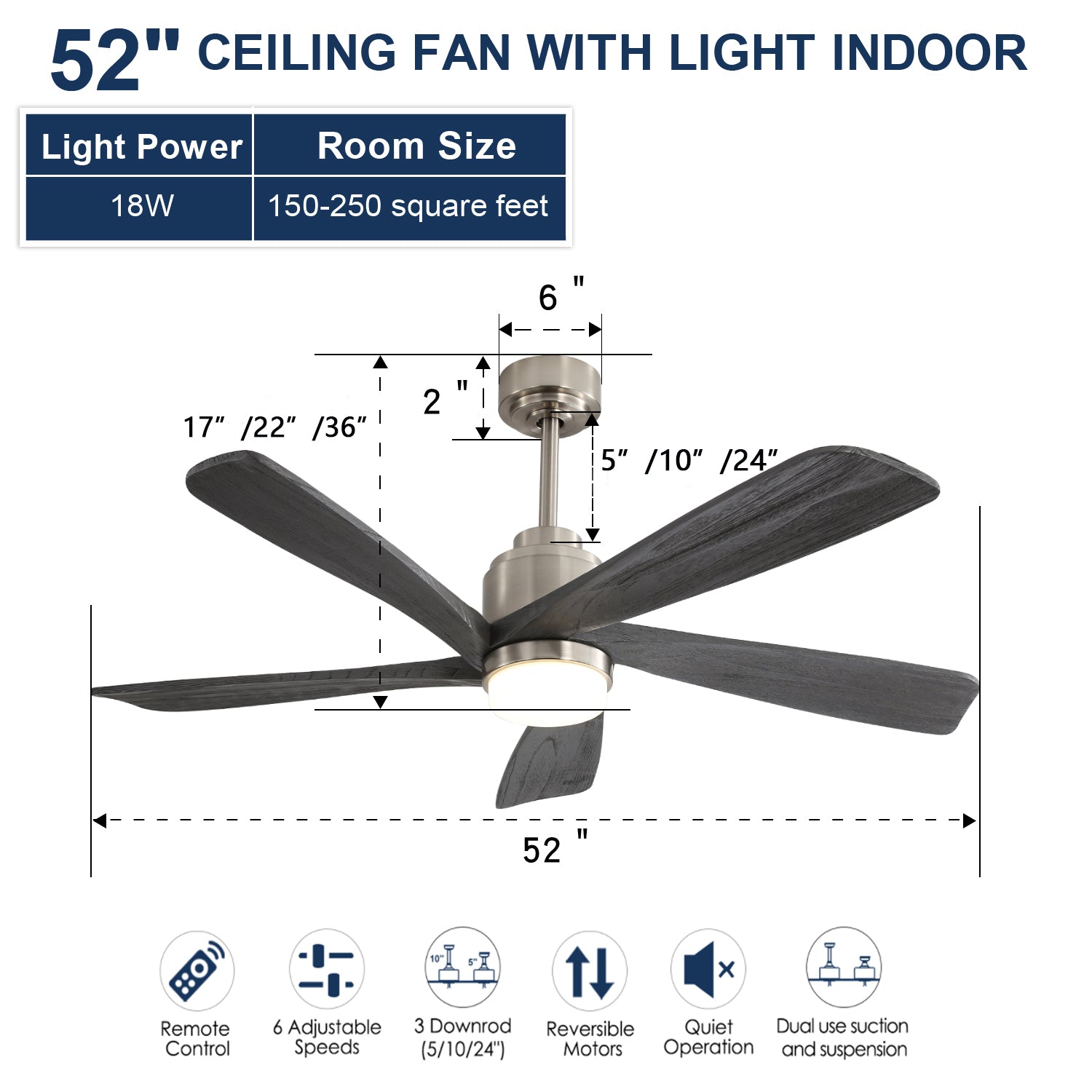 52 Inch Modern With Dimmable Led Light 5 Solid Wood Blades Remote Control Reversible Dc Motor With Smart App Control Nickel Metal & Wood