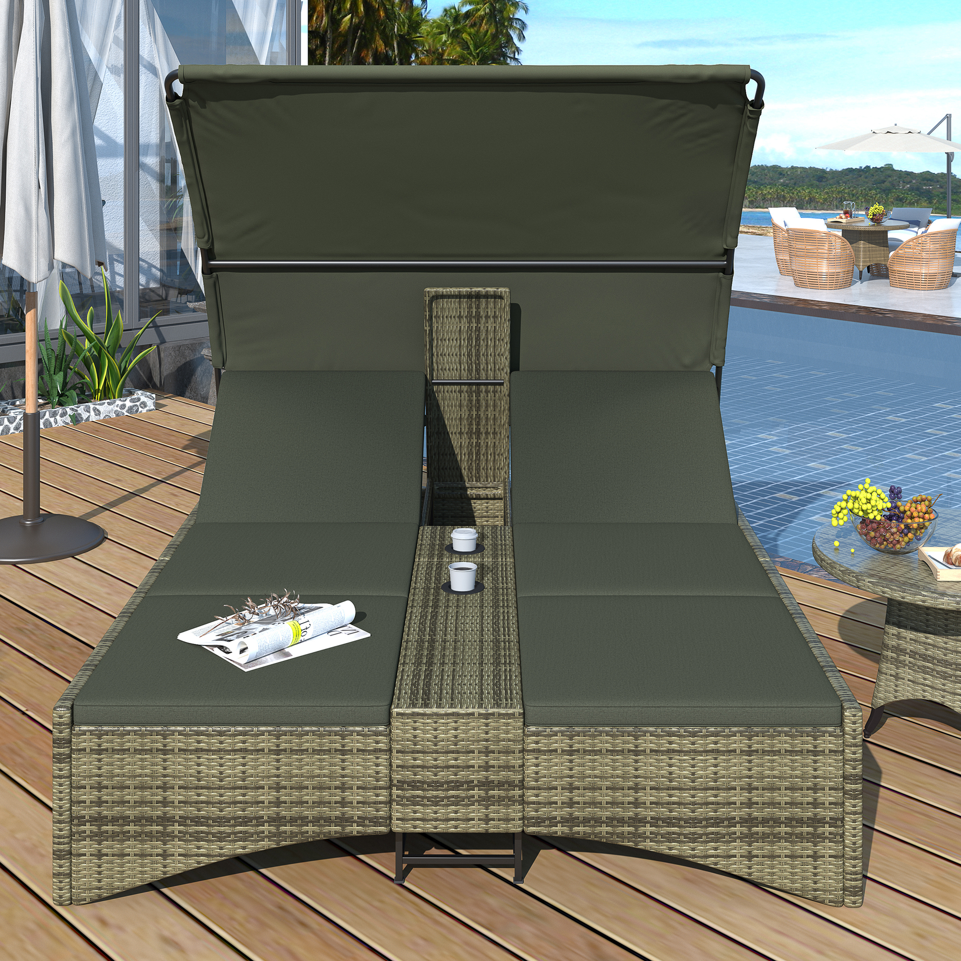 Patio Daybed Outdoor Daybed Outdoor Rattan Sun Lounger With Shelter Roof With Adjustable Backrest, Storage Box And 2 Cup Holders For Patio, Balcony, Poolside,Grey Yes Grey Seats 2 Water Resistant Frame Water Resistant Cushion Garden & Outdoor Sectional