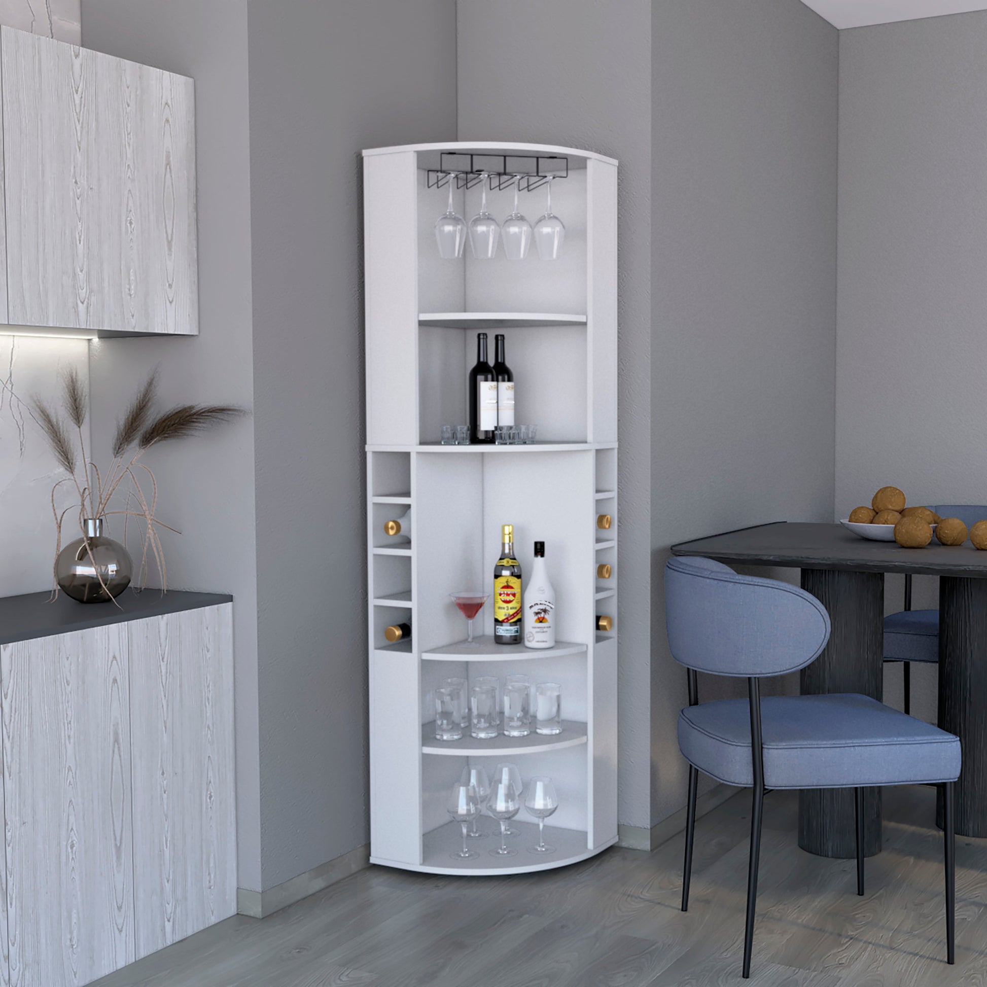 71" Corner Bar Cabinet With Five Shelves, Eight Bottle Cubbies And Stemware,White White Particle Board Particle Board