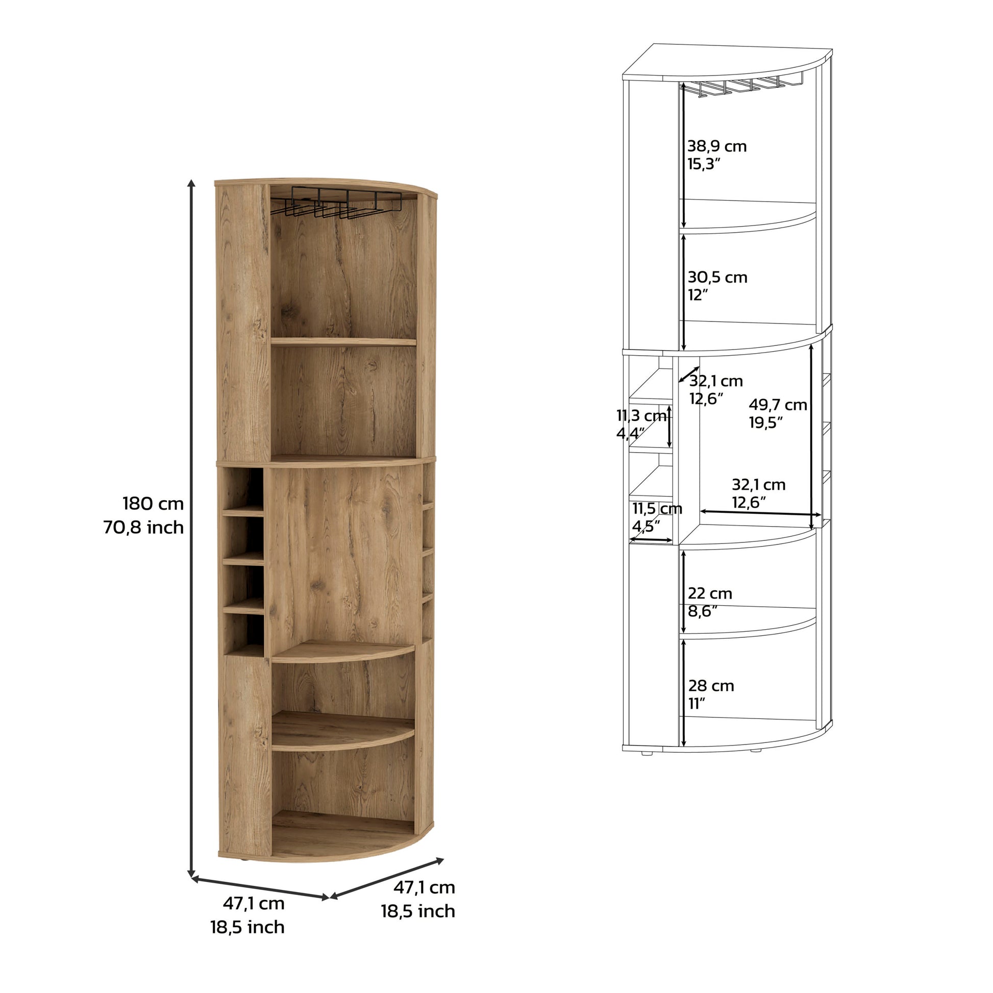 Corner Bar Cabinet 71"H With Five Shelves, Eight Bottle Cubbies And Stemware,Macadamia Beige Primary Living Space Particle Board Particle Board