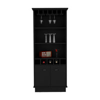 70"H Bar Cabinet With Wine Rack, Upper Glass Cabinet, Three Open Storage Shelves And One Cabinet,Black Black Particle Board Particle Board