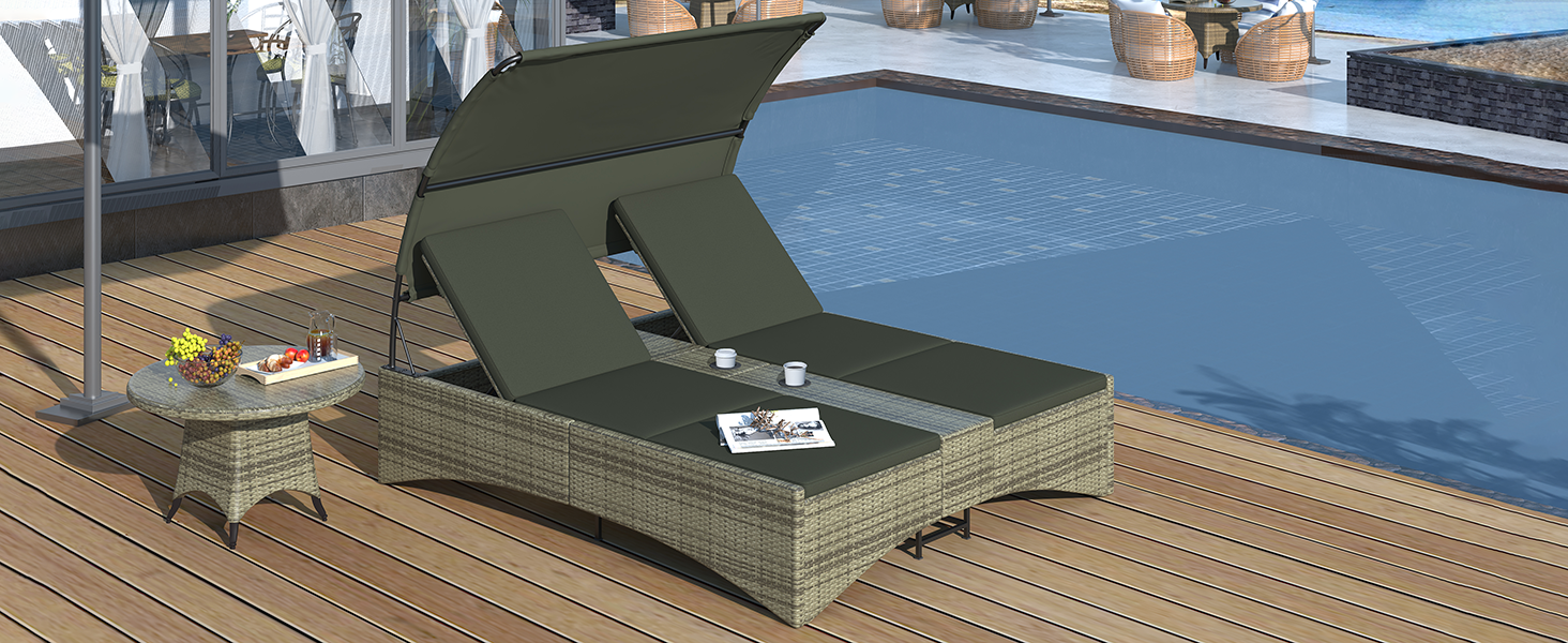 Patio Daybed Outdoor Daybed Outdoor Rattan Sun Lounger With Shelter Roof With Adjustable Backrest, Storage Box And 2 Cup Holders For Patio, Balcony, Poolside,Grey Yes Grey Seats 2 Water Resistant Frame Water Resistant Cushion Garden & Outdoor Sectional