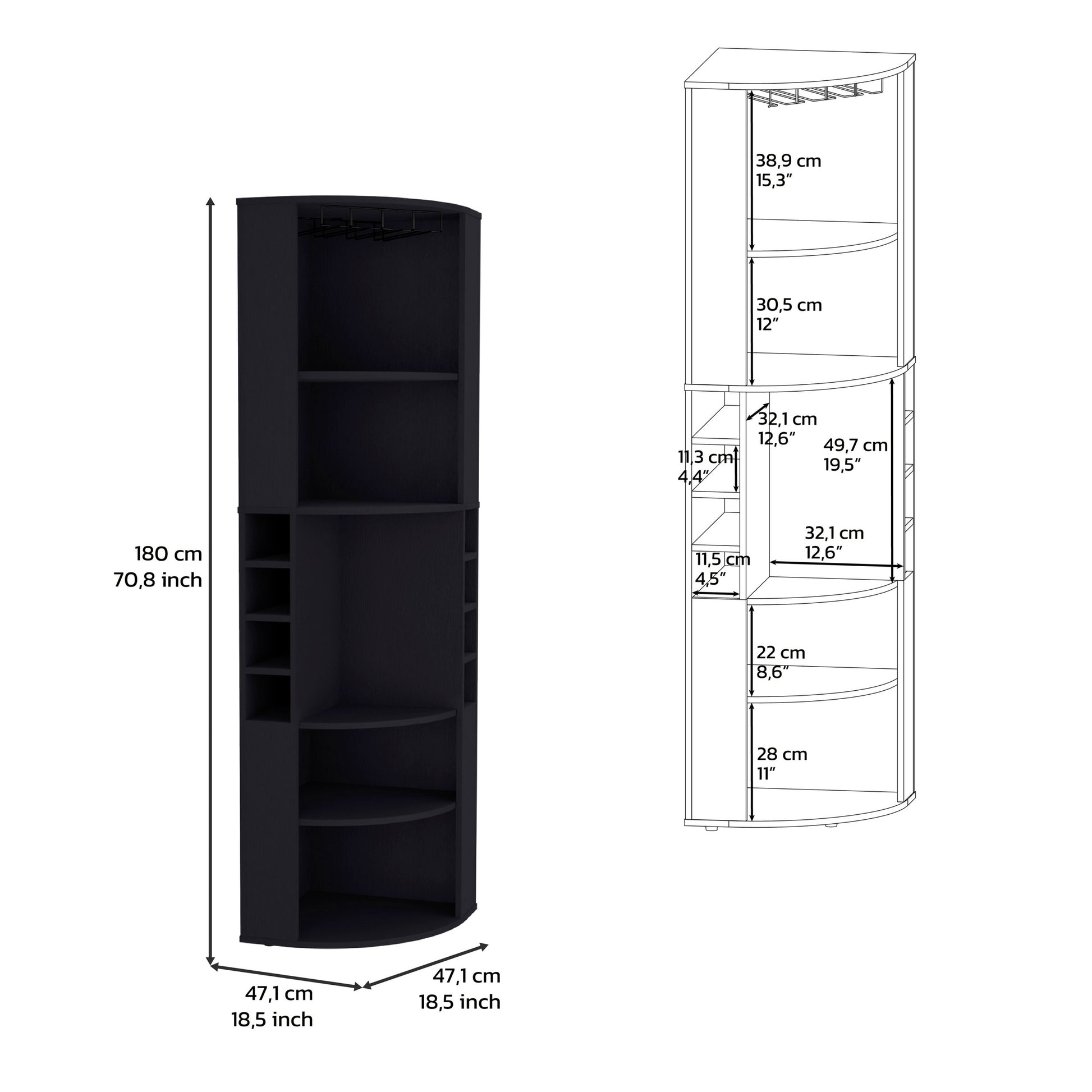 71" Corner Bar Cabinet With Five Shelves, Eight Bottle Cubbies And Stemware,Black Black Kitchen Modern Particle Board Particle Board