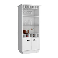 70"H Bar Cabinet With Wine Rack, Upper Glass Cabinet, Three Open Storage Shelves And One Cabinet,White White Particle Board Particle Board