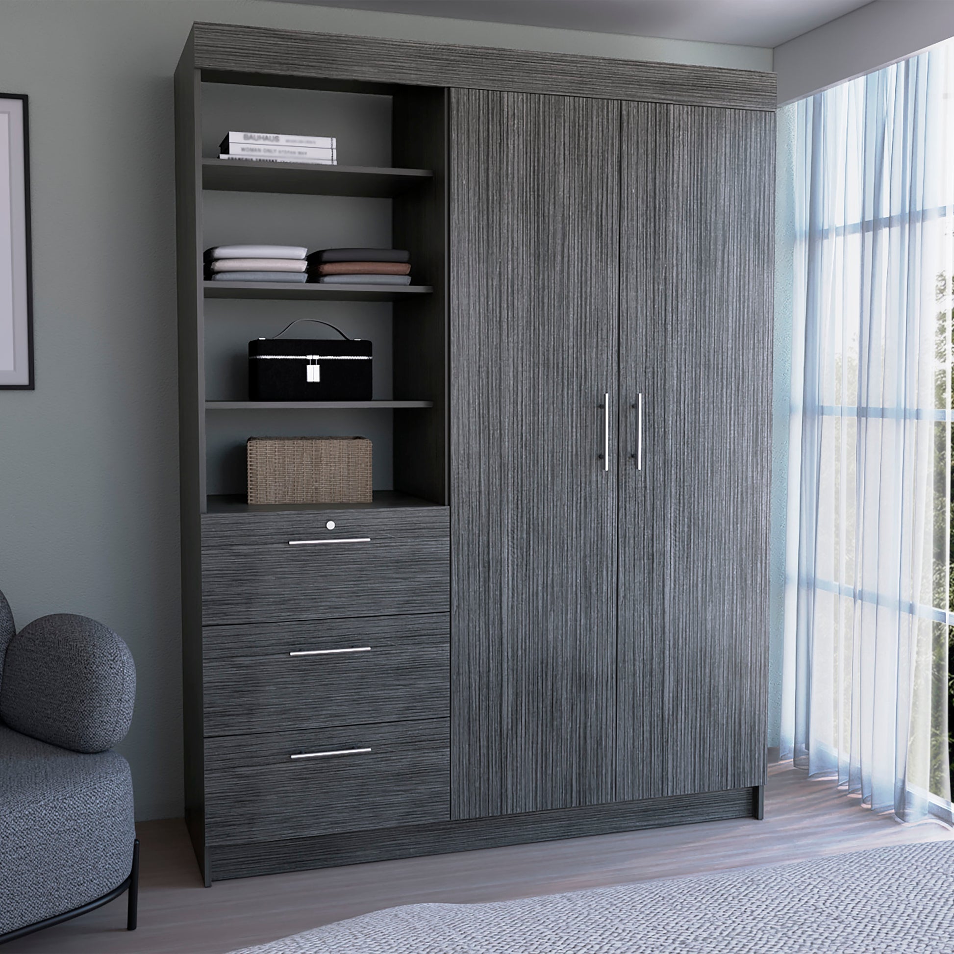 3 Tier Shelf And Drawers Armoire With Metal Handles, Smokey Oak Oak Particle Board Particle Board