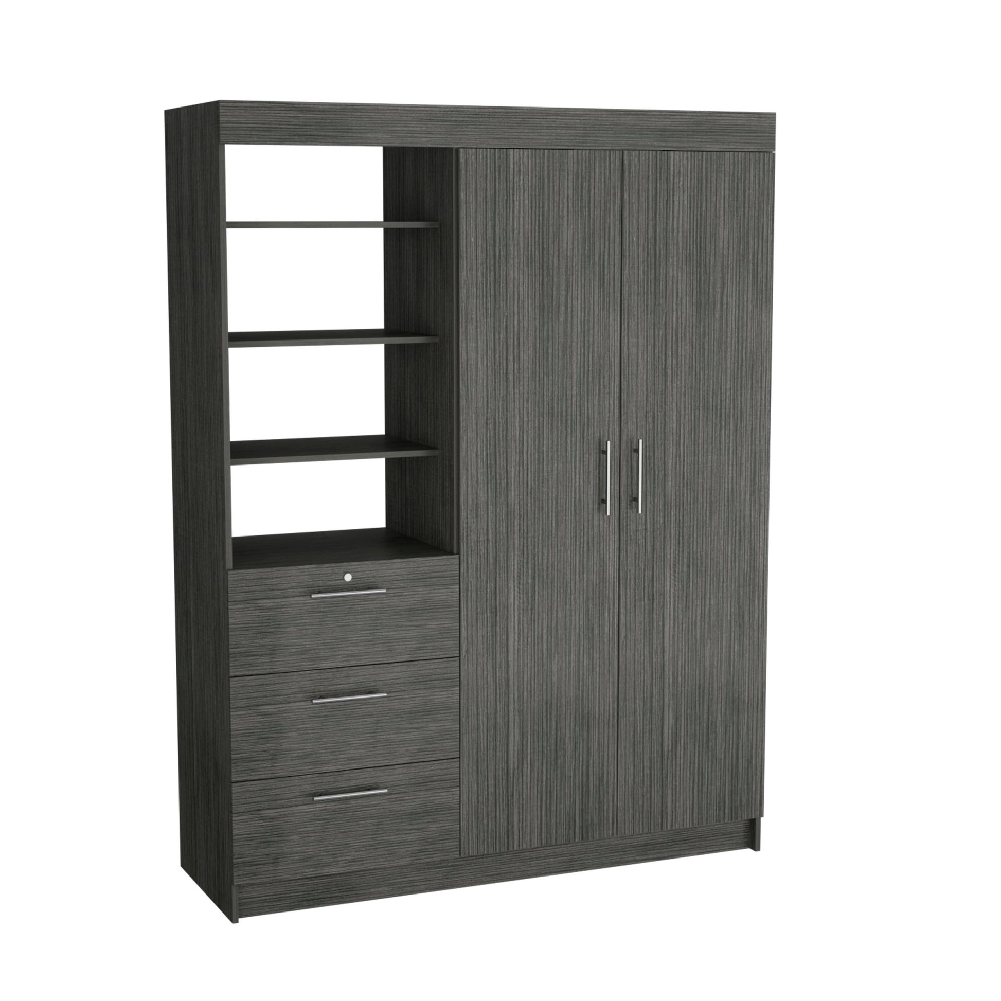 3 Tier Shelf And Drawers Armoire With Metal Handles, Smokey Oak Oak Particle Board Particle Board