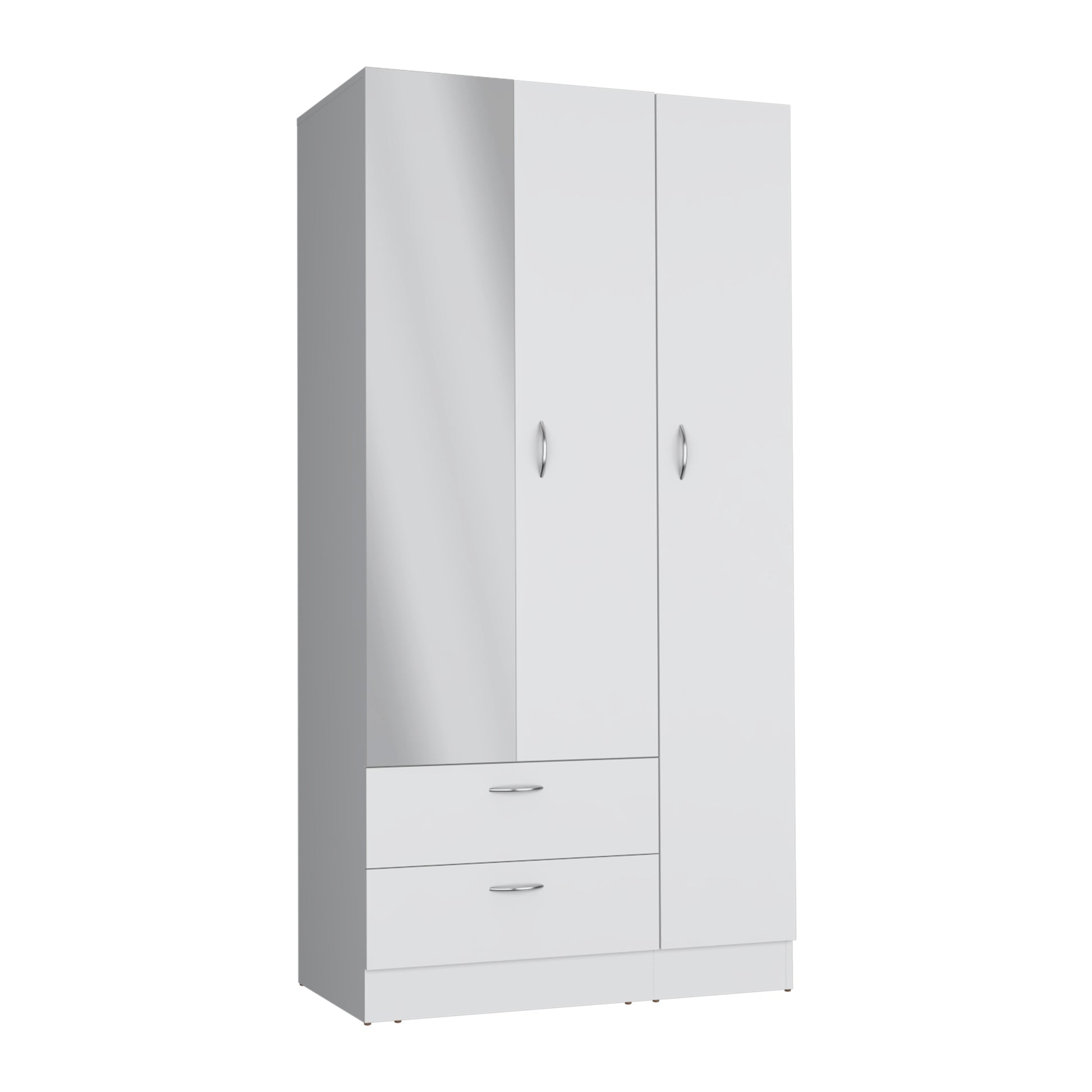 Wardrobe With 3 Doors, One With Mirror, Two Drawers, Four Shelves And Hanging Bar,White White Particle Board Particle Board