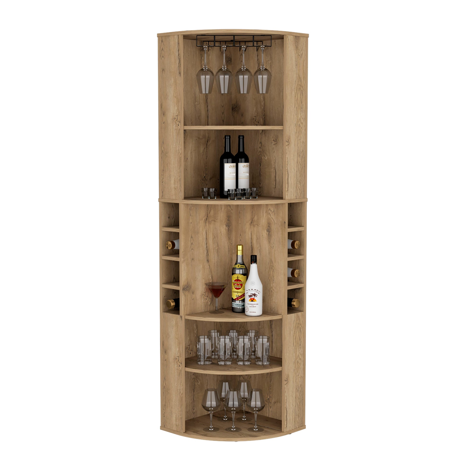 Corner Bar Cabinet 71"H With Five Shelves, Eight Bottle Cubbies And Stemware,Macadamia Beige Primary Living Space Particle Board Particle Board