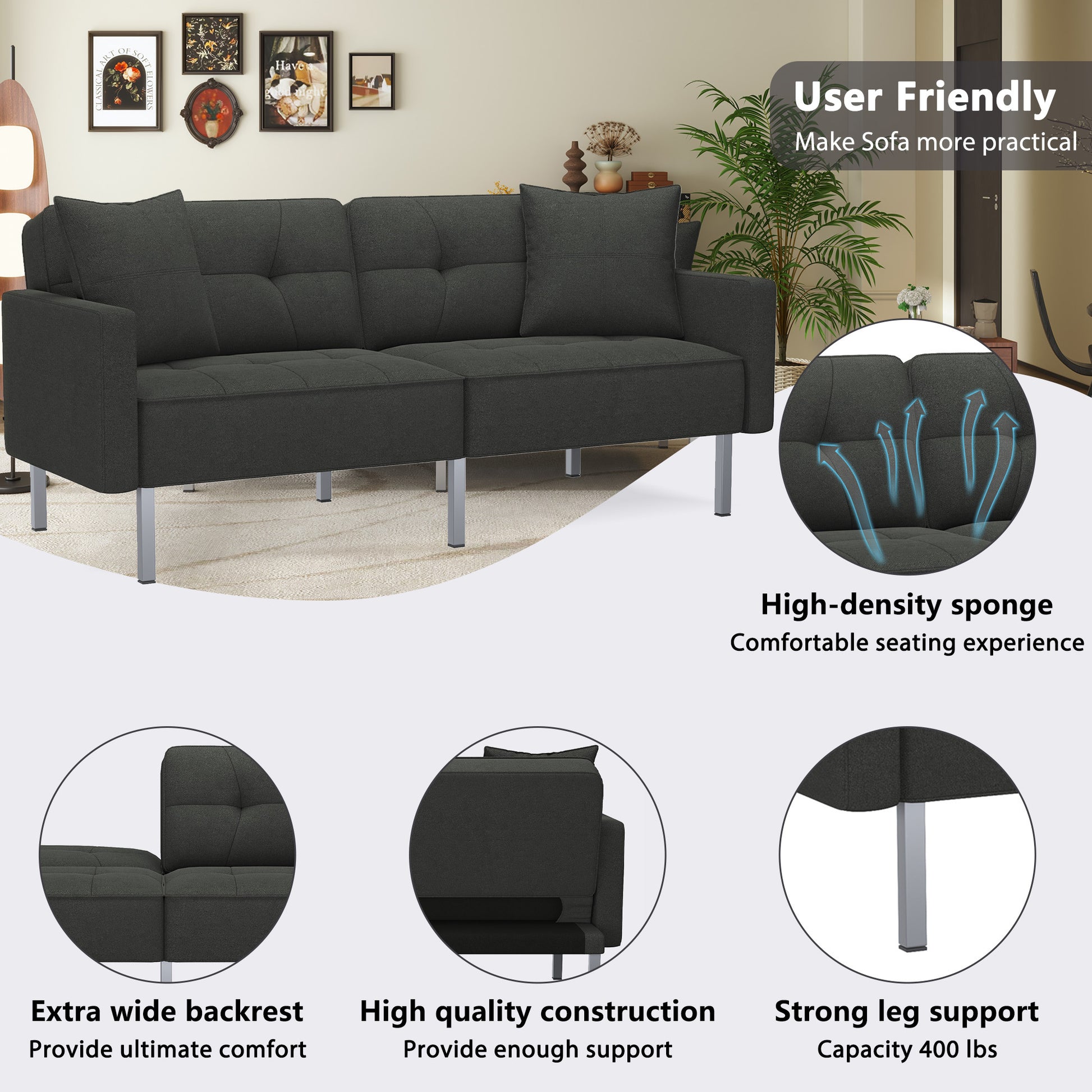 Orisfur. Linen Upholstered Modern Convertible Folding Futon Sofa Bed For Compact Living Space, Apartment, Dorm, Black Black Foam Linen