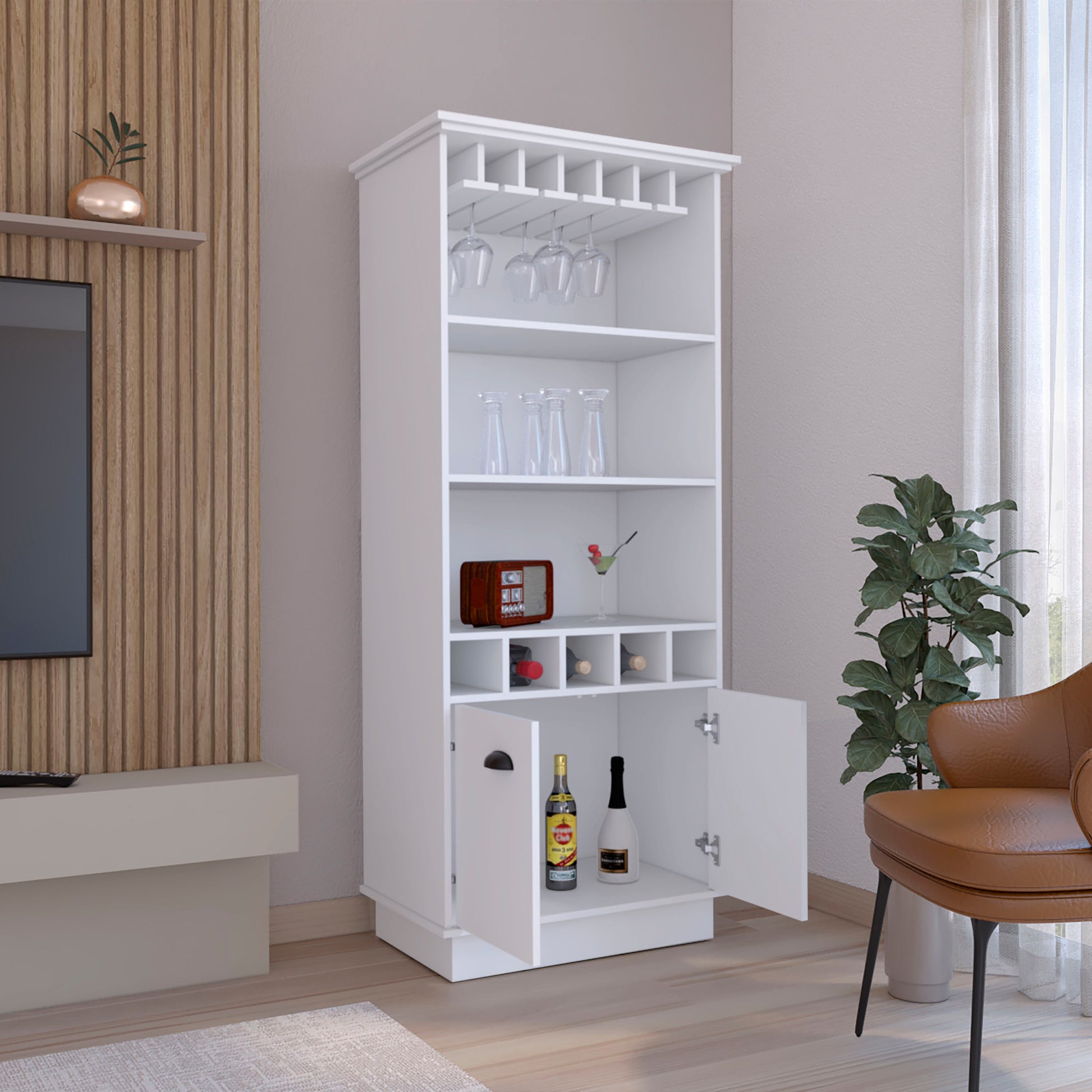 70"H Bar Cabinet With Wine Rack, Upper Glass Cabinet, Three Open Storage Shelves And One Cabinet,White White Particle Board Particle Board