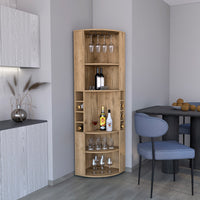 Corner Bar Cabinet 71"H With Five Shelves, Eight Bottle Cubbies And Stemware,Macadamia Beige Primary Living Space Particle Board Particle Board