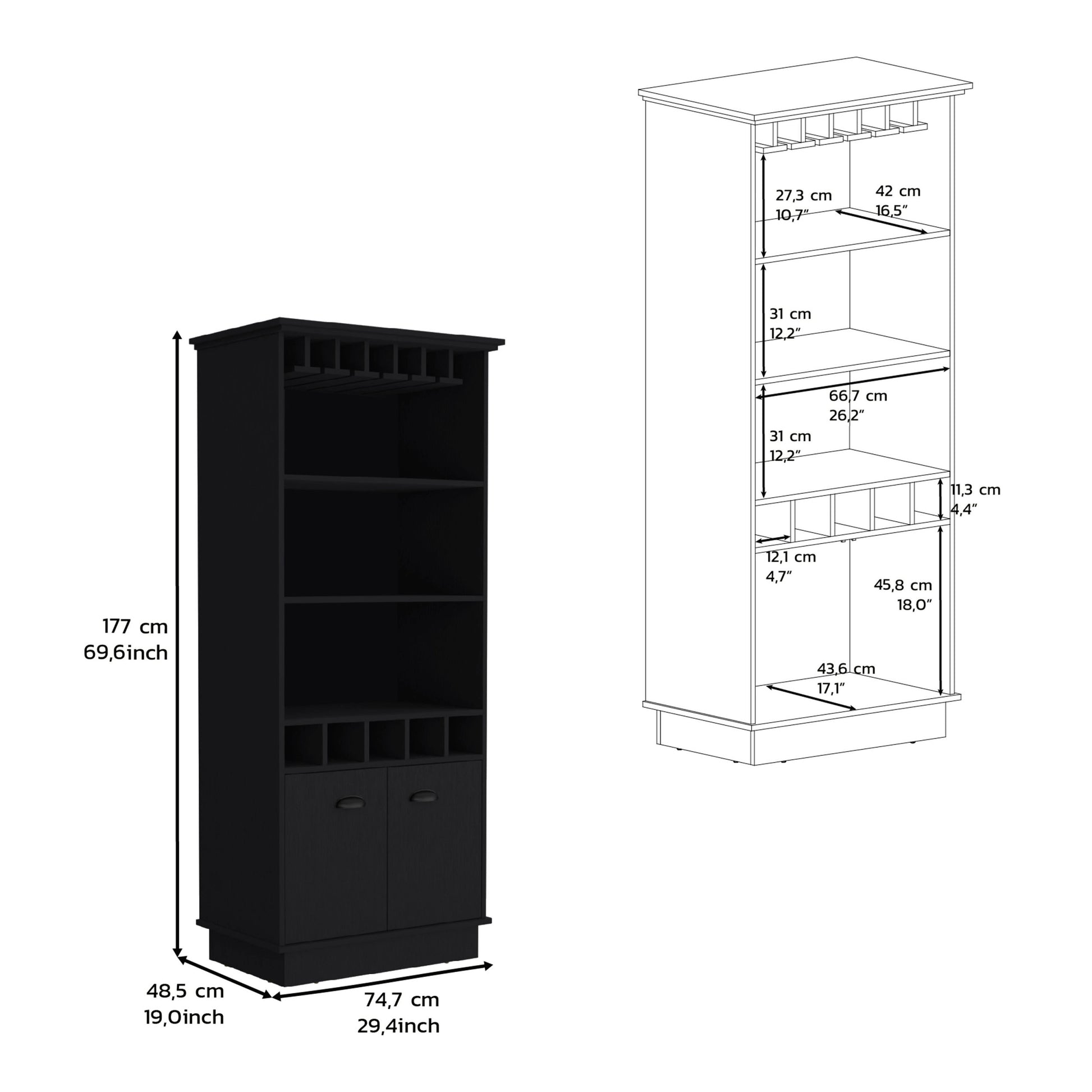 70"H Bar Cabinet With Wine Rack, Upper Glass Cabinet, Three Open Storage Shelves And One Cabinet,Black Black Particle Board Particle Board