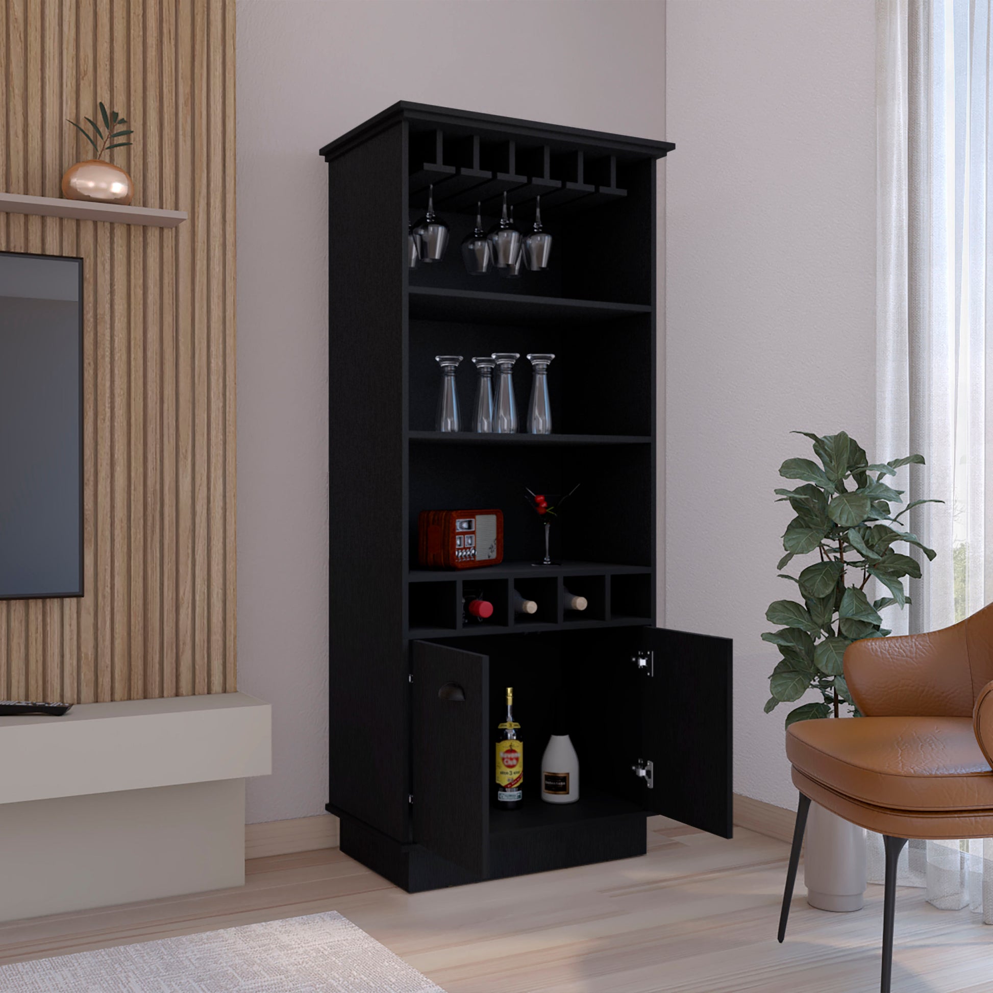 70"H Bar Cabinet With Wine Rack, Upper Glass Cabinet, Three Open Storage Shelves And One Cabinet,Black Black Particle Board Particle Board