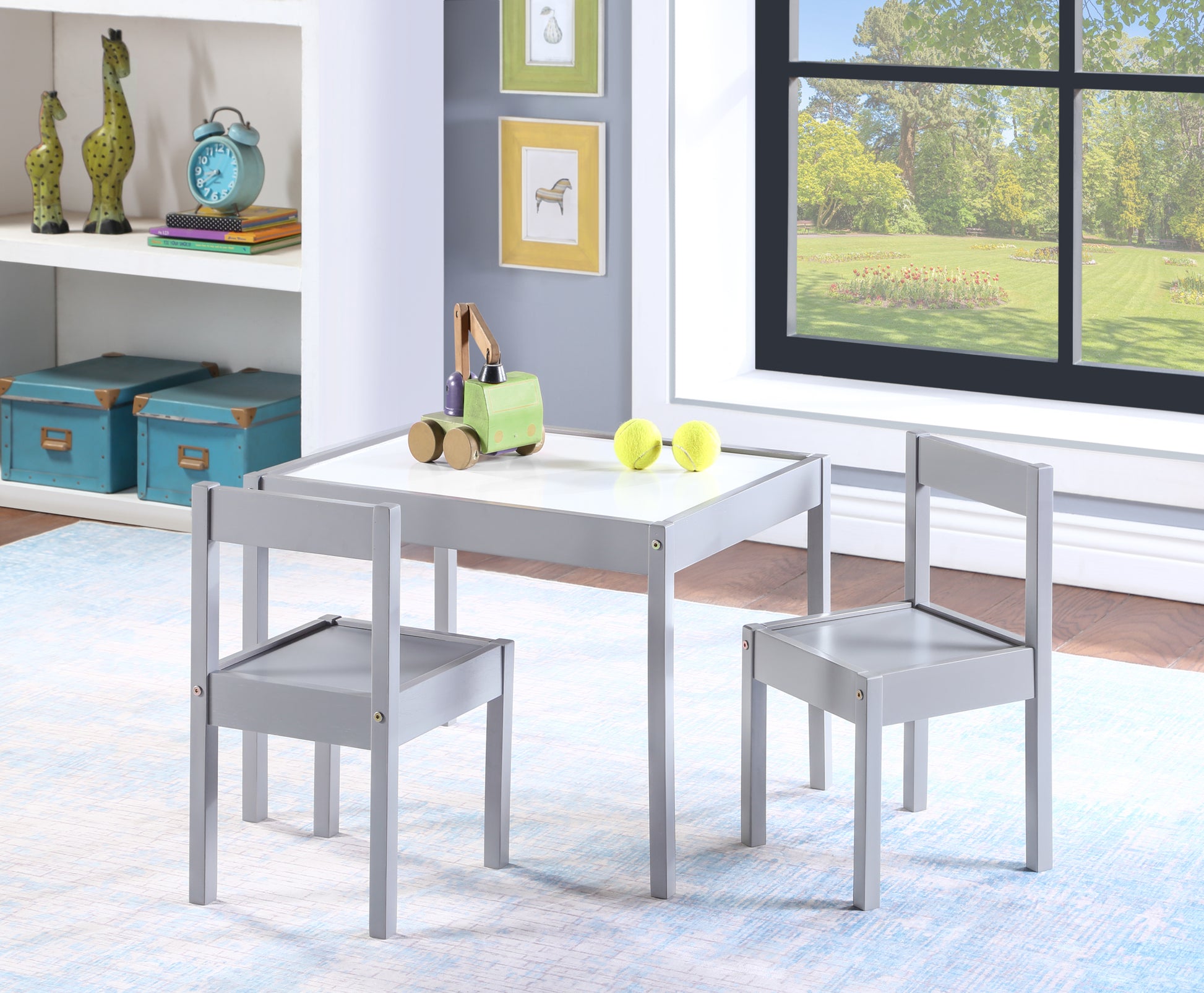 Gibson 3 Piece Dry Erase Kids Table & Two Chair Set, Gray Gray Rubberwood Wood