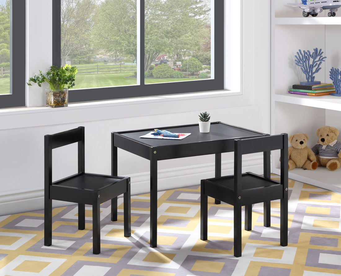 Della 3 Piece Solid Wood Kids Table & Two Chair Set, Black Black Rubberwood Wood