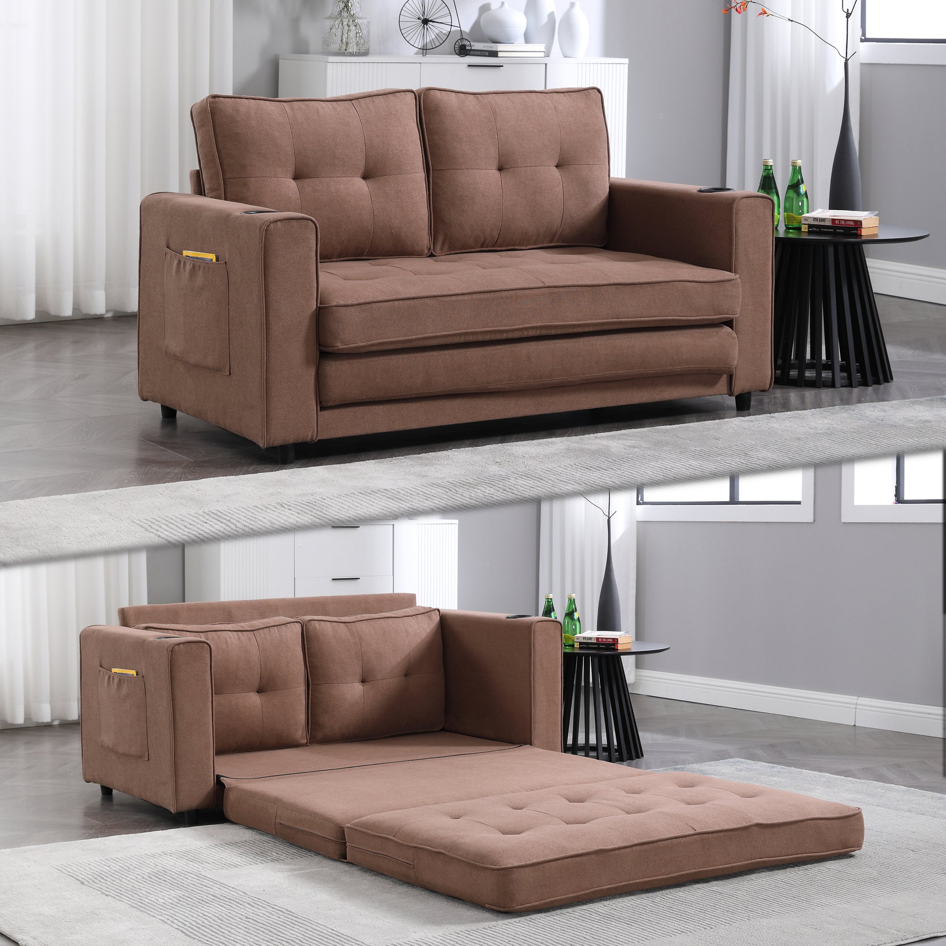 3 In 1 Upholstered Futon Sofa Convertible Floor Sofa Bed,Foldable Tufted Loveseat With Pull Out Sleeper Couch Bed,Folding Mattres Beautiful Seat Daybed W Side Pockets For Living Room, Brown Brown Foam Fabric 2 Seat