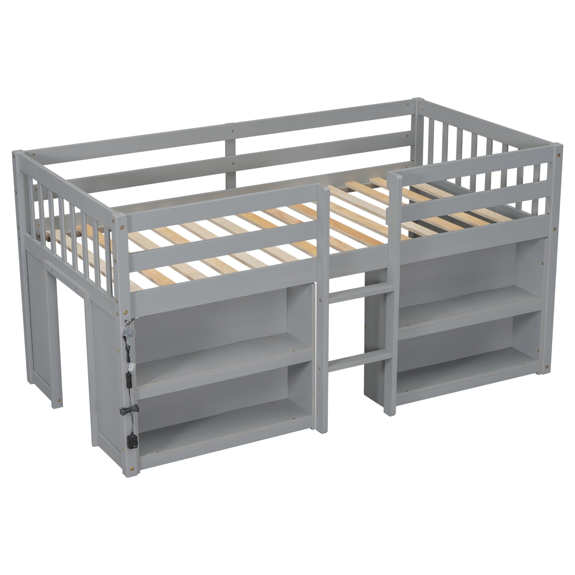 Twin Size Kid Low Loft Bed With Two Tier Shelves And Led Light For Grey Color Box Spring Not Required Twin Grey Bedroom Pine