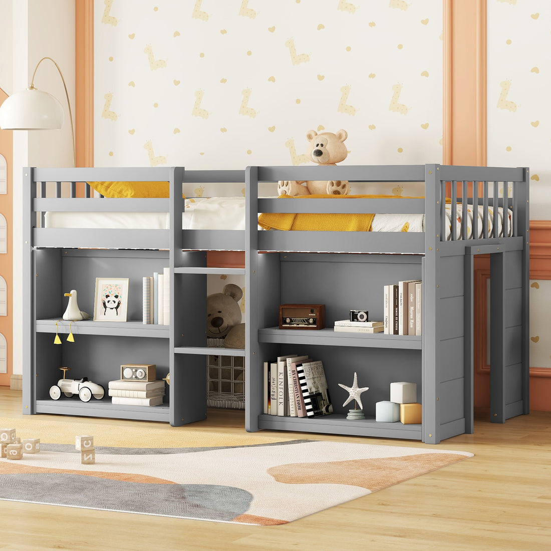 Twin Size Kid Low Loft Bed With Two Tier Shelves