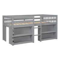 Twin Size Kid Low Loft Bed With Two Tier Shelves And Led Light For Grey Color Box Spring Not Required Twin Grey Bedroom Pine