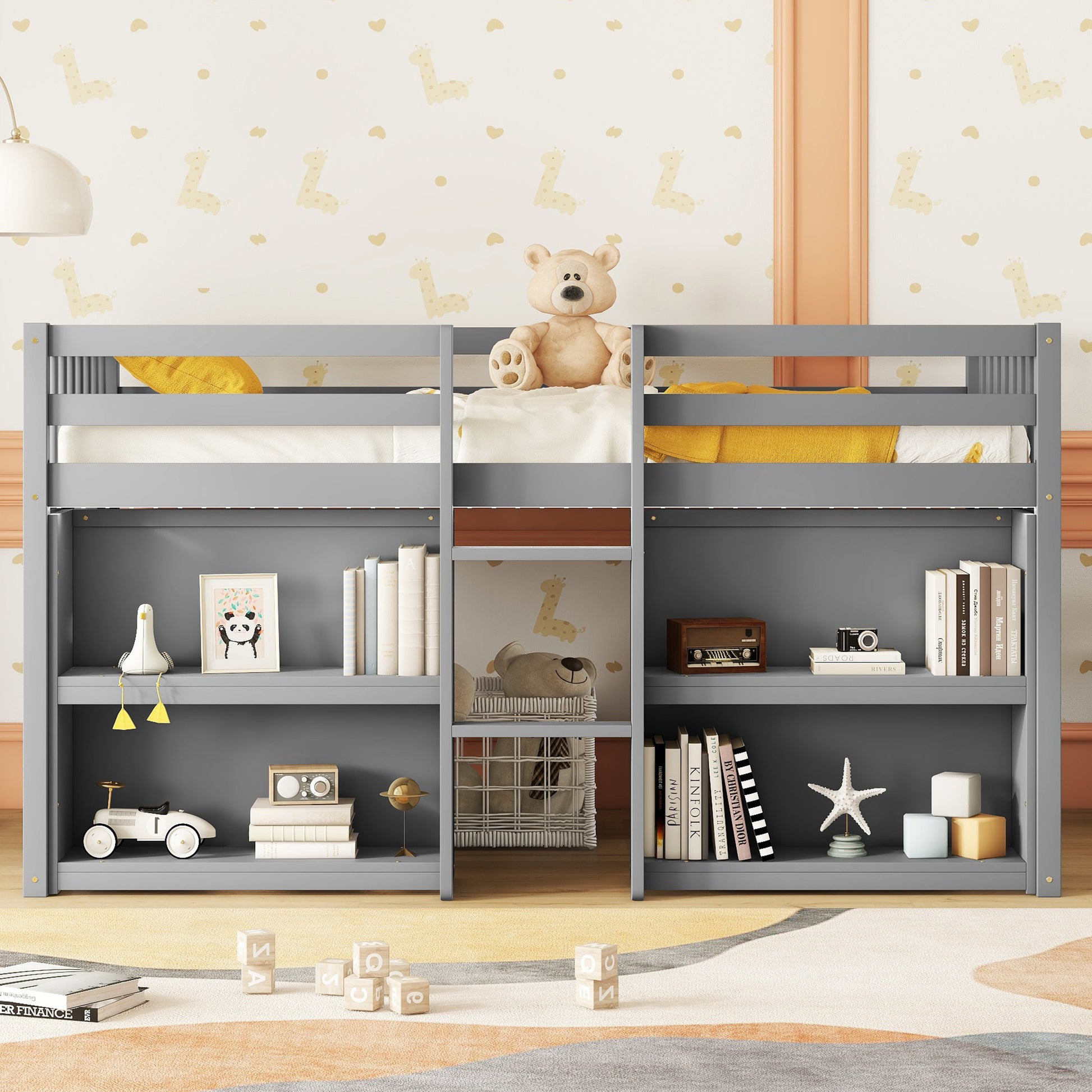 Twin Size Kid Low Loft Bed With Two Tier Shelves And Led Light For Grey Color Box Spring Not Required Twin Grey Bedroom Pine