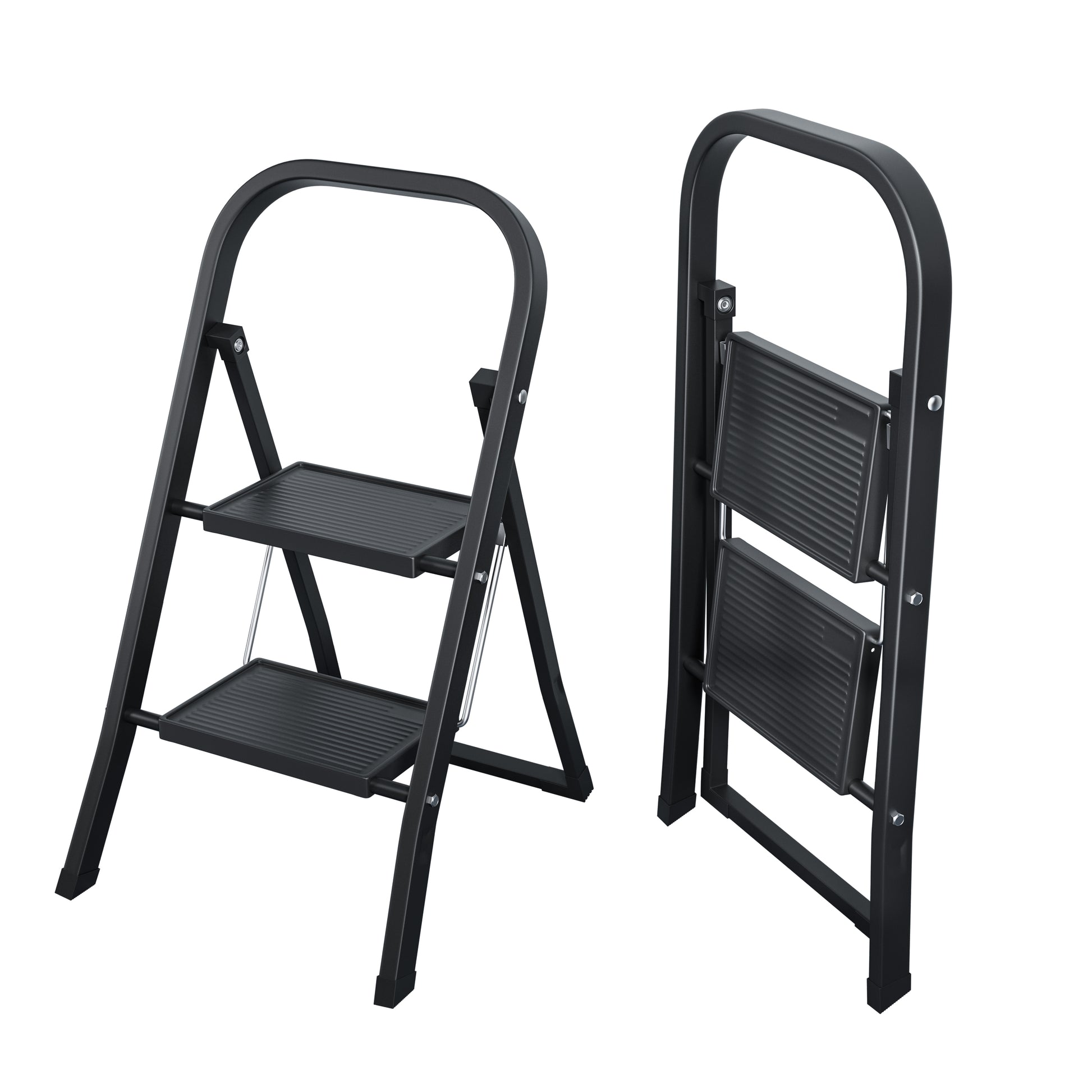 2 Step Ladder, Step Stool For Adults, Folding Step Stool With Wide Anti Slip Pedal, Sturdy Steel Ladder Black Iron Plastic