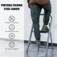 2 Step Ladder, Step Stool For Adults, Folding Step Stool With Wide Anti Slip Pedal, Sturdy Steel Ladder Gray Iron Plastic