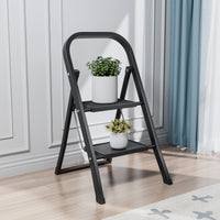 2 Step Ladder, Step Stool For Adults, Folding Step Stool With Wide Anti Slip Pedal, Sturdy Steel Ladder Black Iron Plastic