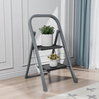 2 Step Ladder, Step Stool For Adults, Folding Step Stool With Wide Anti Slip Pedal, Sturdy Steel Ladder Gray Iron Plastic